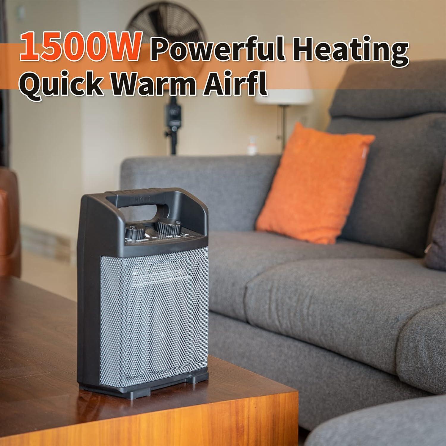 1500W Electric Utility Space Heater BTU 5120 with Thermostat Control, Two Power Setting, Fan Option, Built-in Carrying Handle, Tip-Over Switch, Cool Touch, UL Safety (kilowatts, 1.5)