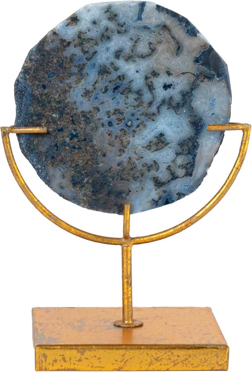 Blue Agate Stone Slice on Gold Metal Stand