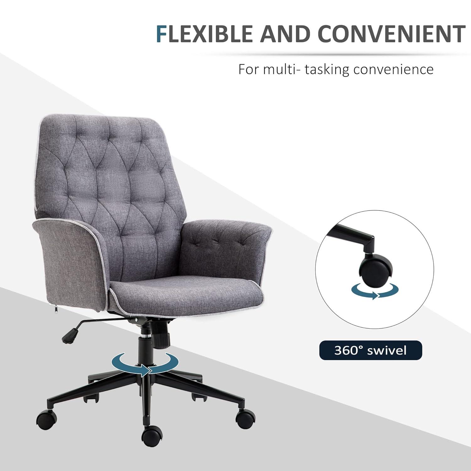 Vinsetto Modern Mid-Back Tufted Linen Home Office Desk Chair with Arms, Swivel Adjustable Task Chair, Upholstery Accent Chair with Soft Seat, Gray
