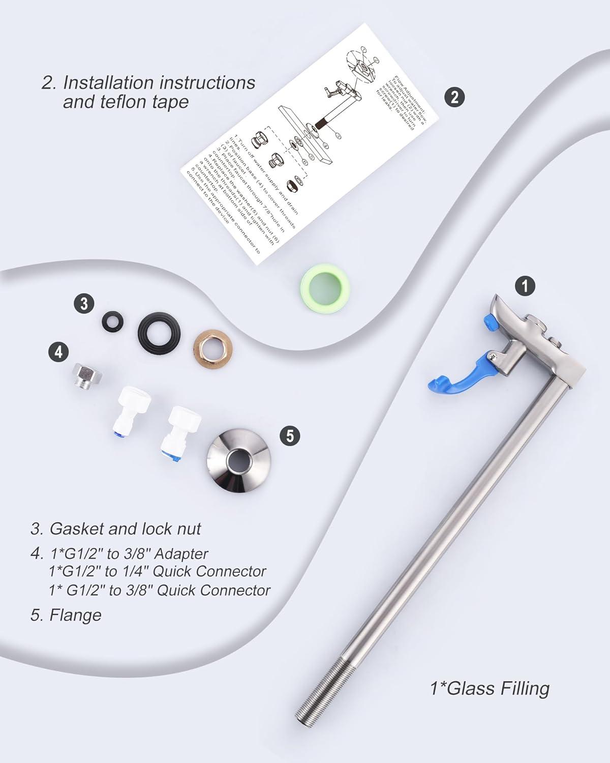 WOWOW 14 Inch Glass Filler Deck Mount Water Bottle Filling Station Brass Bar Faucet Glass Filling Station G1/2" Male Shank with Adapter for Restaurants Kitchen Bar