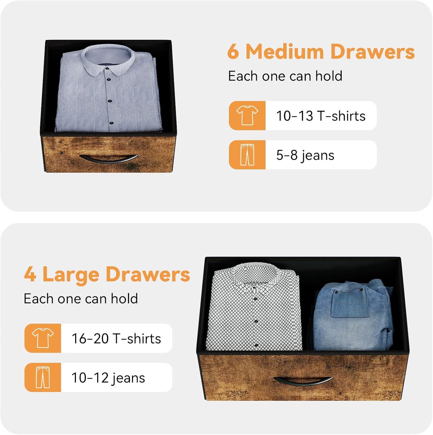 Garvee 10 Drawer Dresser Chest of Drawers for Bedroom Living Room, Fabric Storage Organizer With Wood Top, Side Pockets & Hooks for Entryway, Hallway, Closet, Nursery, Retro Brown