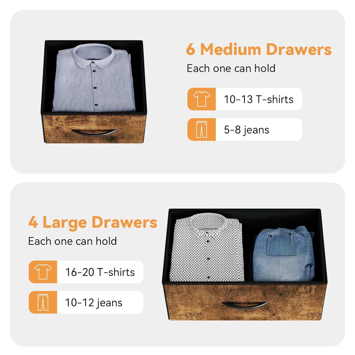 Garvee 10 Drawer Dresser Chest of Drawers for Bedroom Living Room, Fabric Storage Organizer With Wood Top, Side Pockets & Hooks for Entryway, Hallway, Closet, Nursery, Retro Brown