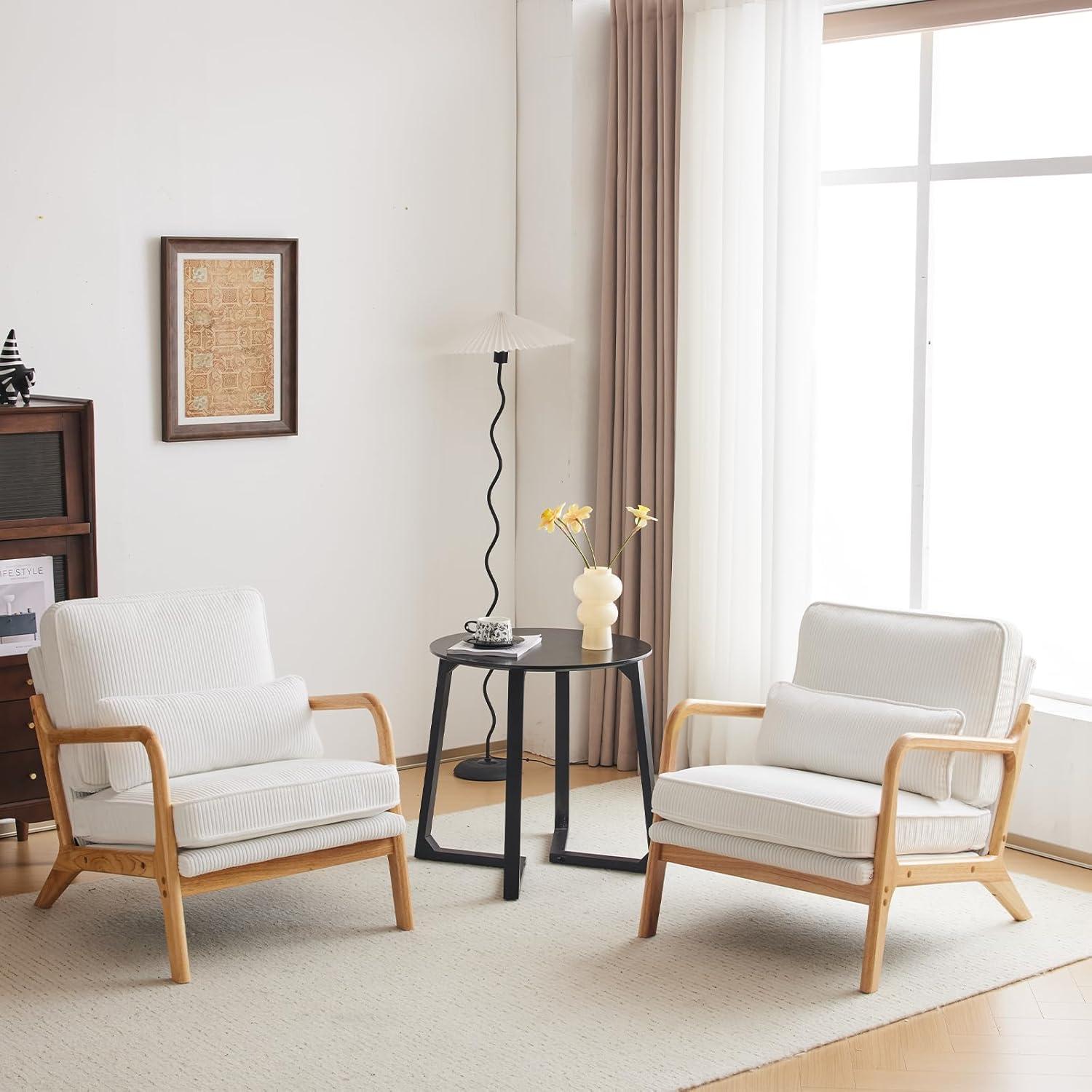 YODOLLA  Fabric Accent Chair Mid-Century Modern Upholstered Arm Chair Set of 2 for Living Room in White