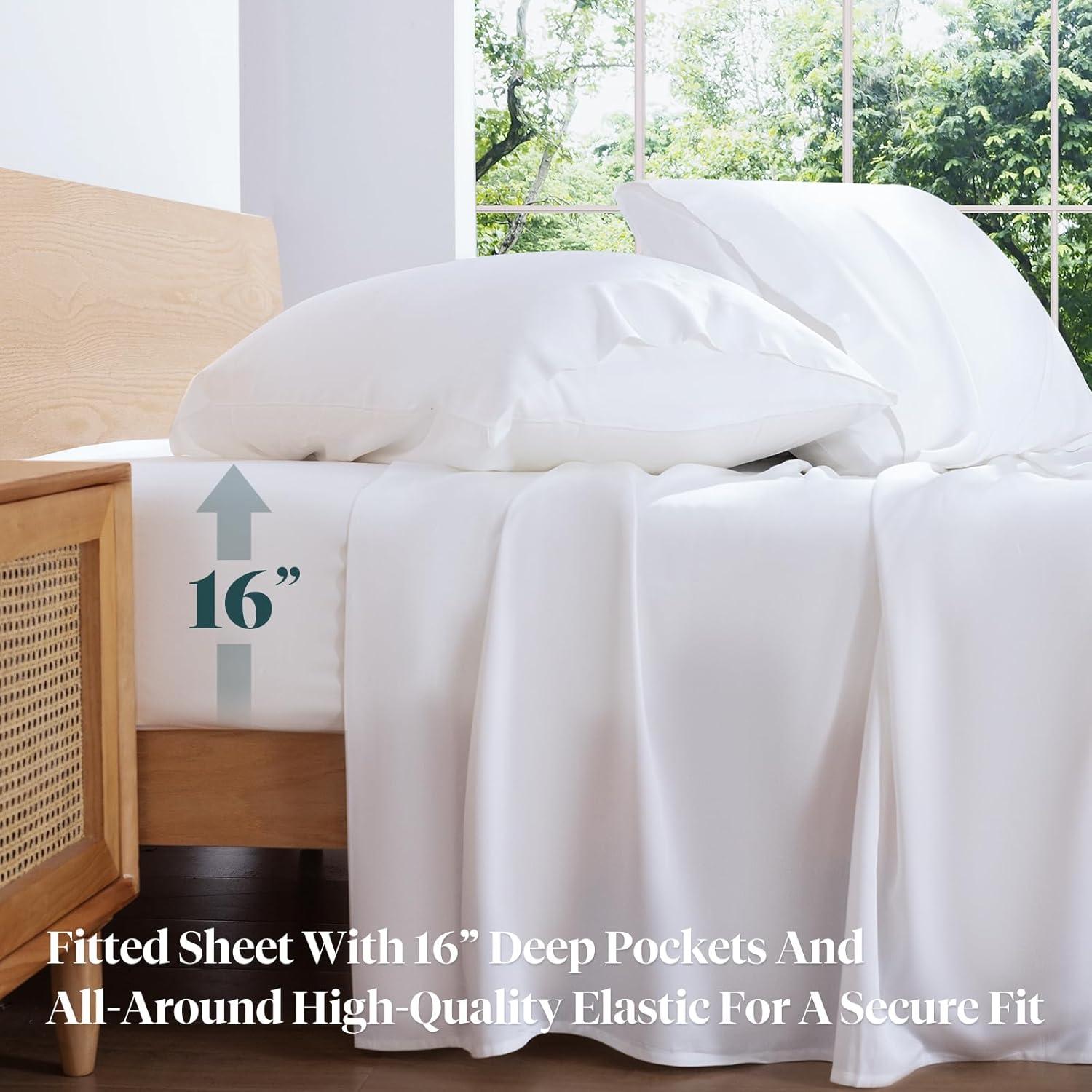 LuxClub 4 PC Twin Size White Sheet Set, 100% Organic Bamboo Viscose, Deep Pockets up to 16", Soft & Breathable Hotel Luxury Bedding Sheets