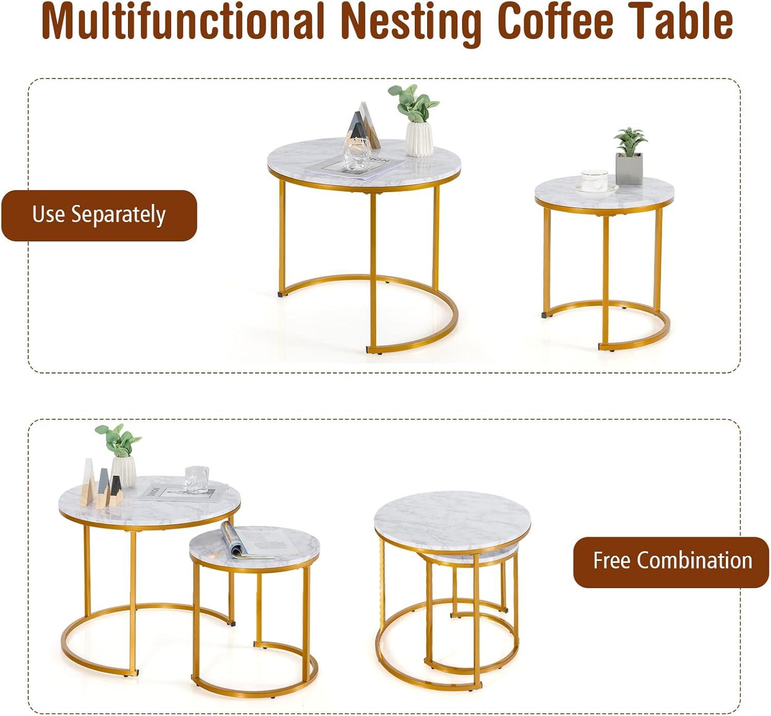 Costway Nesting Coffee Table Set of 2 for Balcony Living Room Modern Round Side Tables Rustic Brown