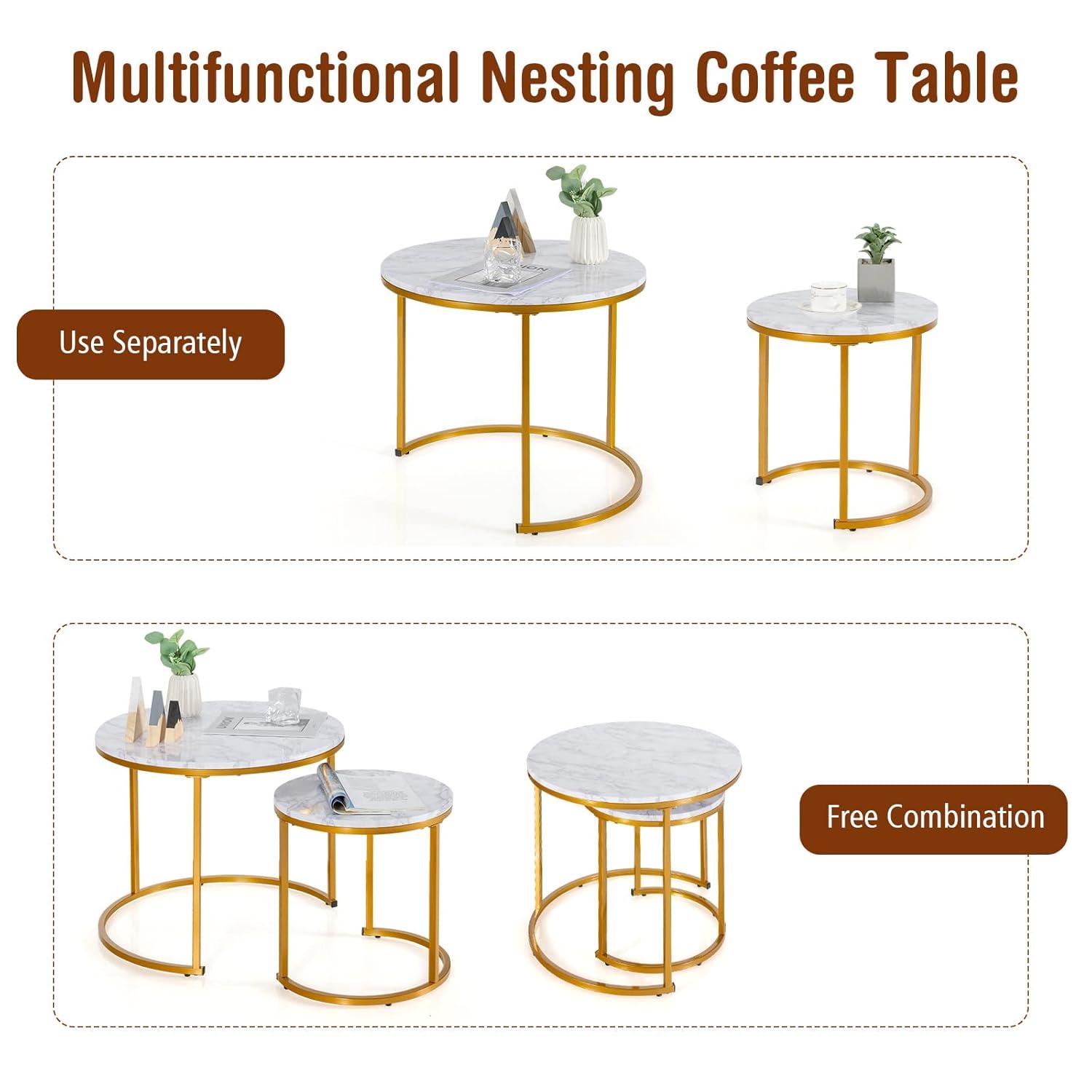 Costway Nesting Coffee Table Set of 2 for Balcony Living Room Modern Round Side Tables Rustic Brown