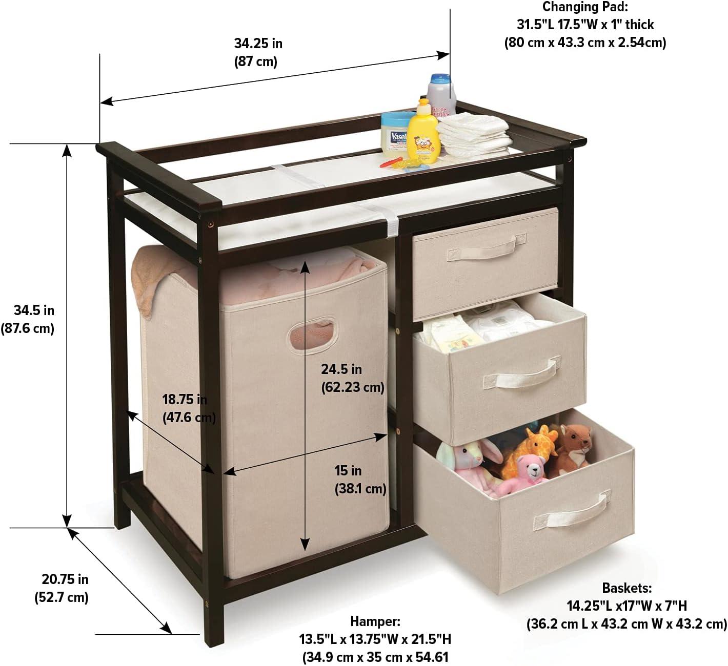 Badger Basket Modern Baby Changing Table with Hamper and 3 Baskets - Espresso