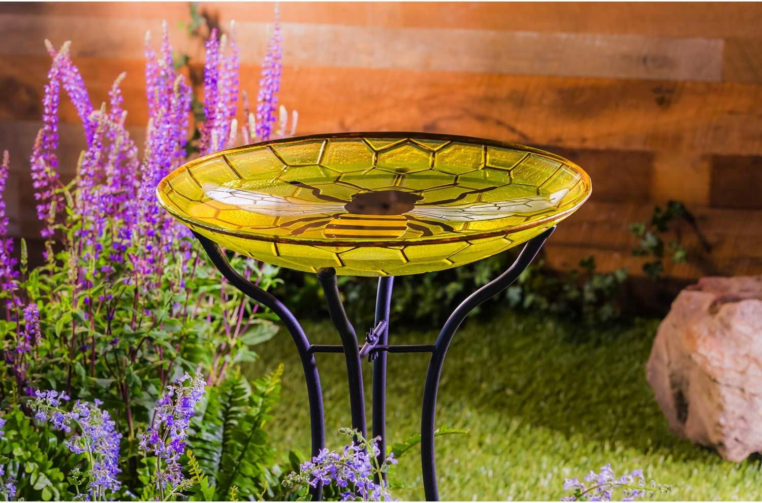 Evergreen 18" Glass Bird Bath, Bee, 18'' x 3'' x 18'' inches