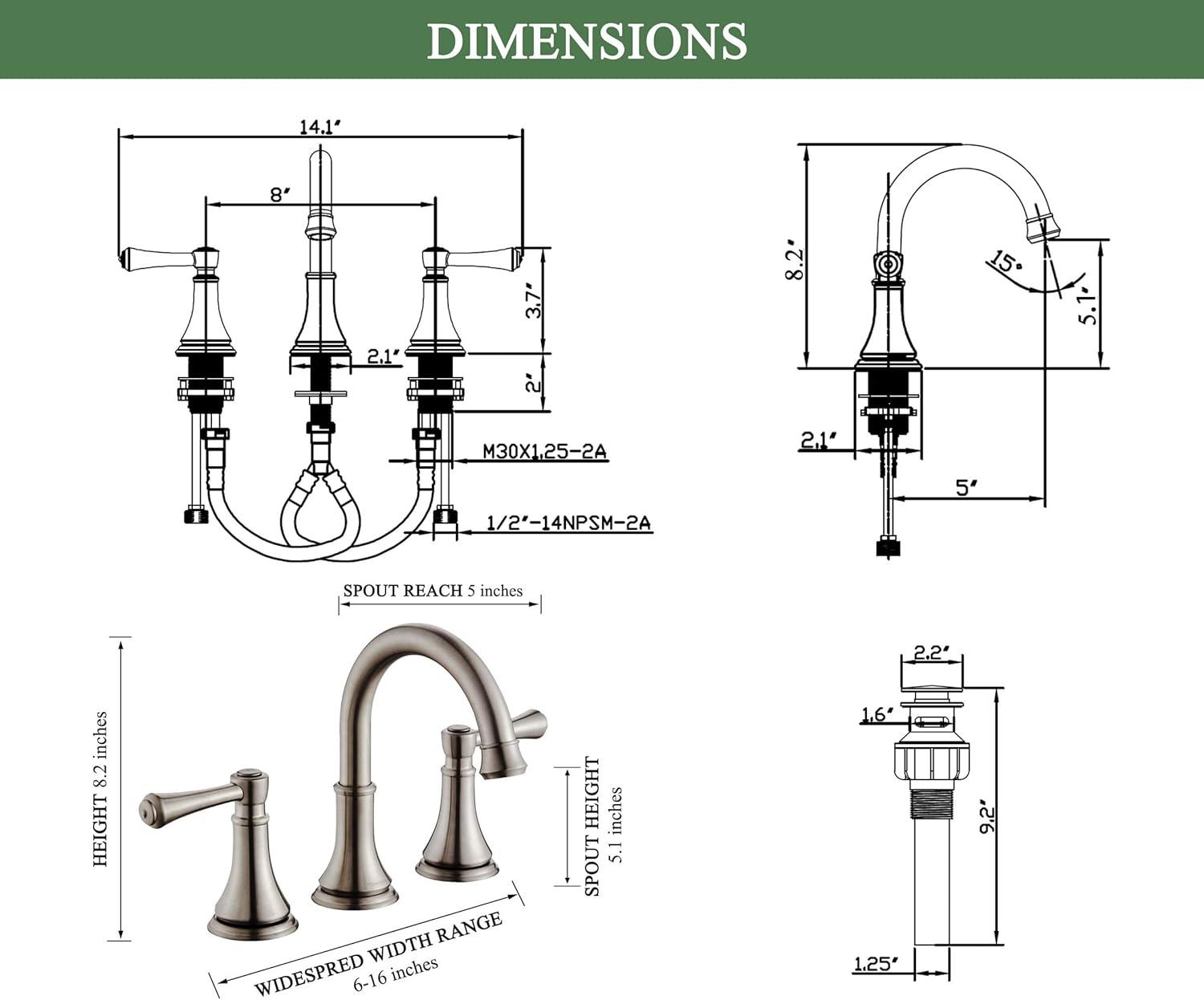 8-inch Widespread Faucet 2-handle Bathroom Faucet with Drain 1.2 GPM