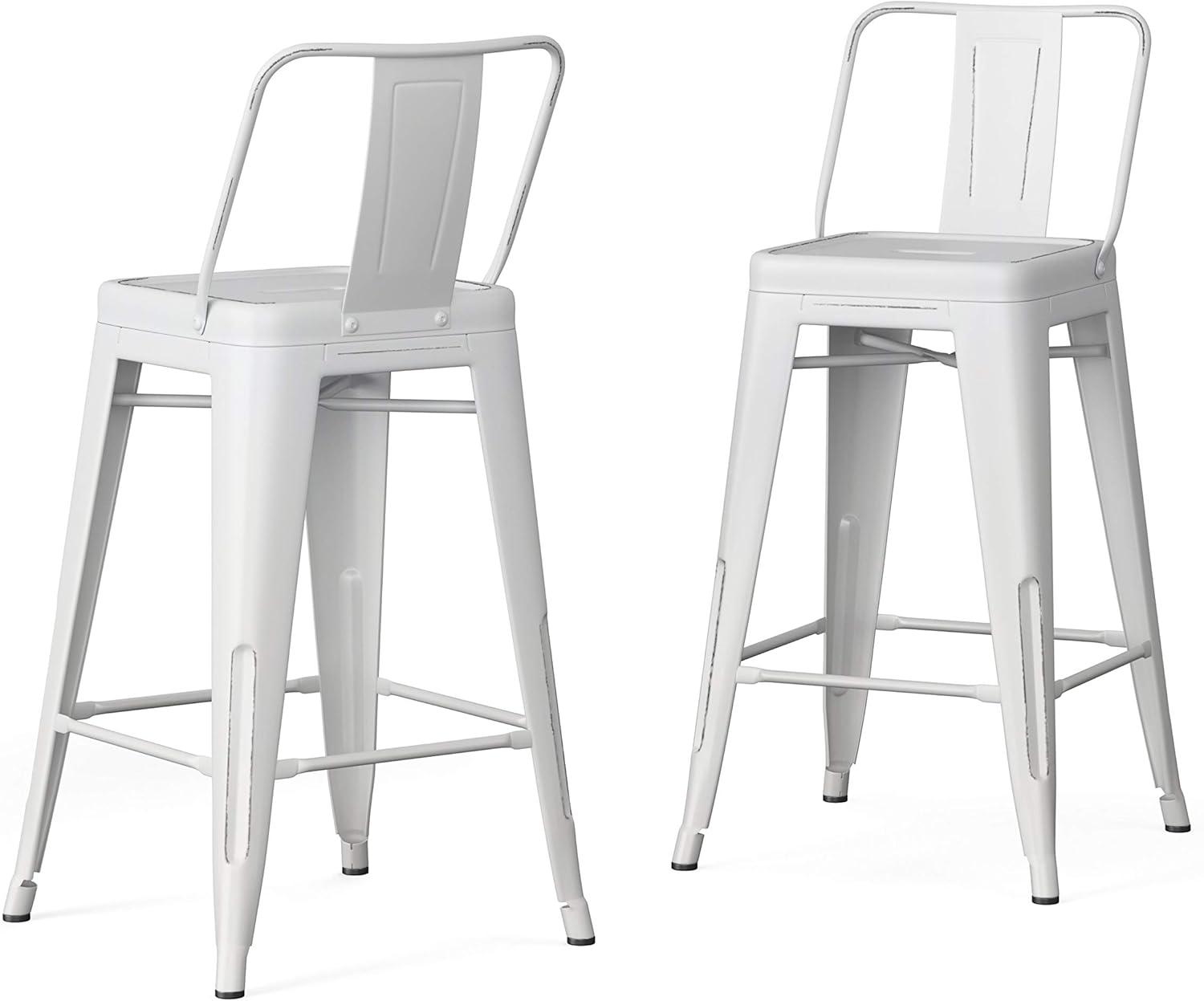 Simpli Home Rayne 24" Metal Counter Stool in Distressed White (Set of 2)