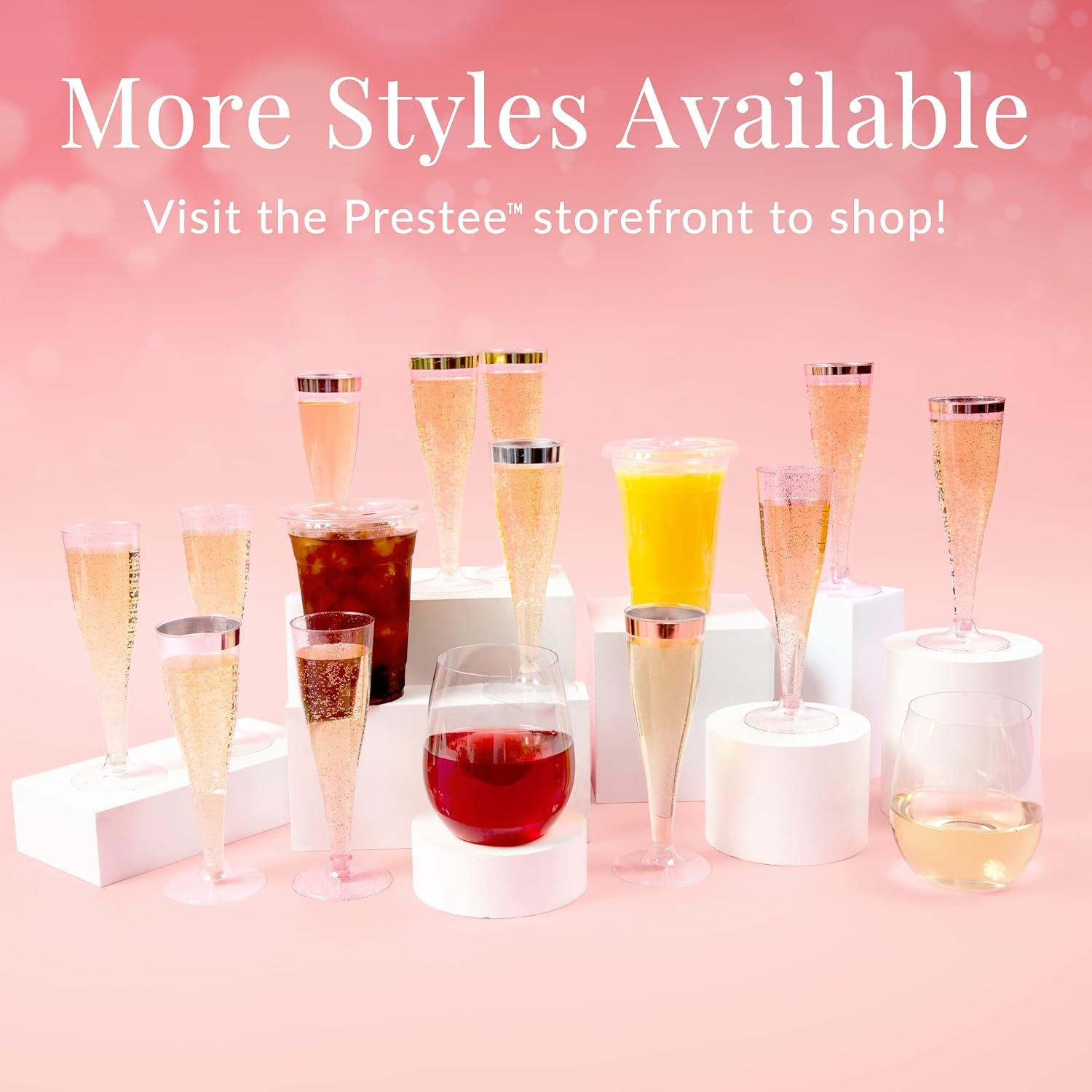 Prestee 24 Champagne Flutes Disposable, Gold Rim Glitter Plastic Cups
