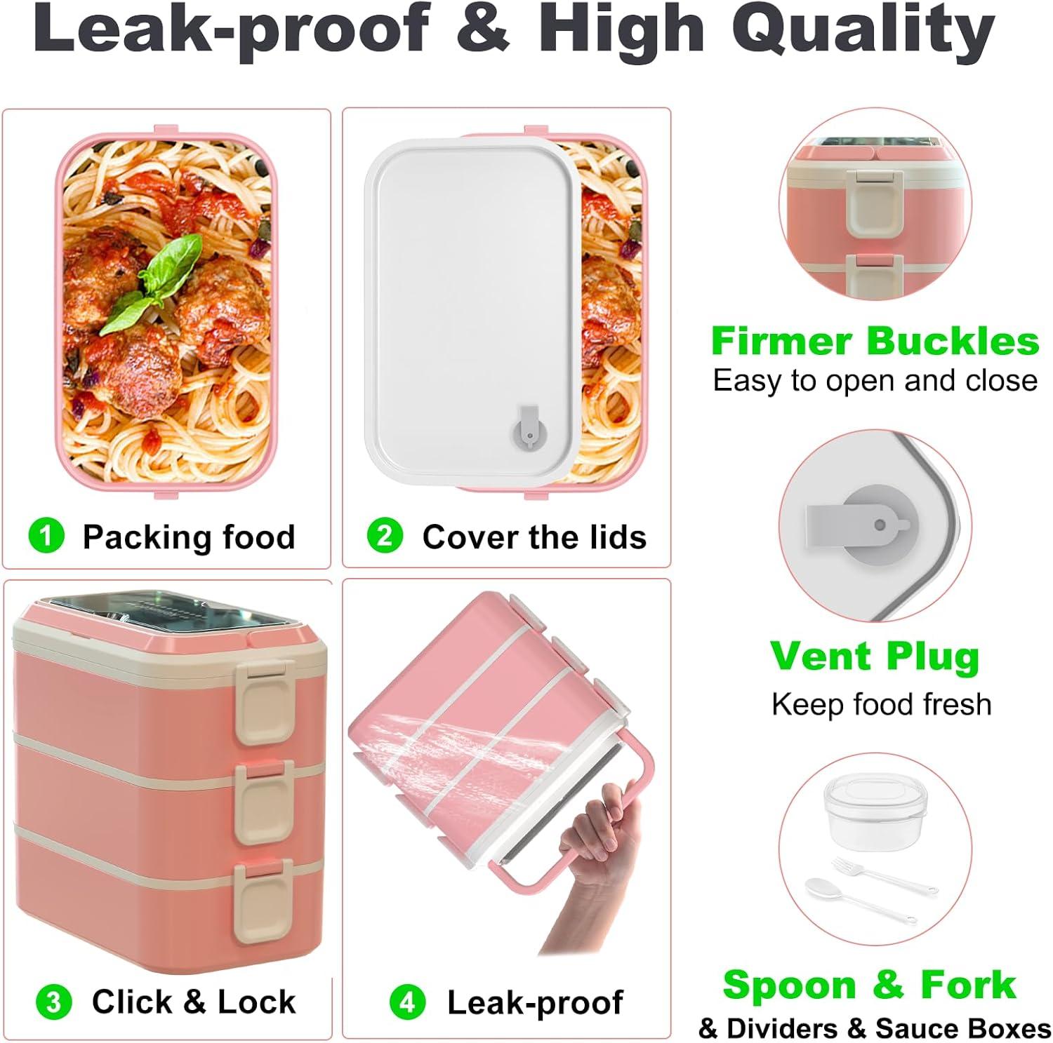 Stackable Bento Box Adult Lunch Box, 3000ML Large Capacity On-the-Go 3 Layers, Leakproof Microwave Safe Lunch Containers with Utensil Set, Dividers, Sauce Boxes for Kids and Adults