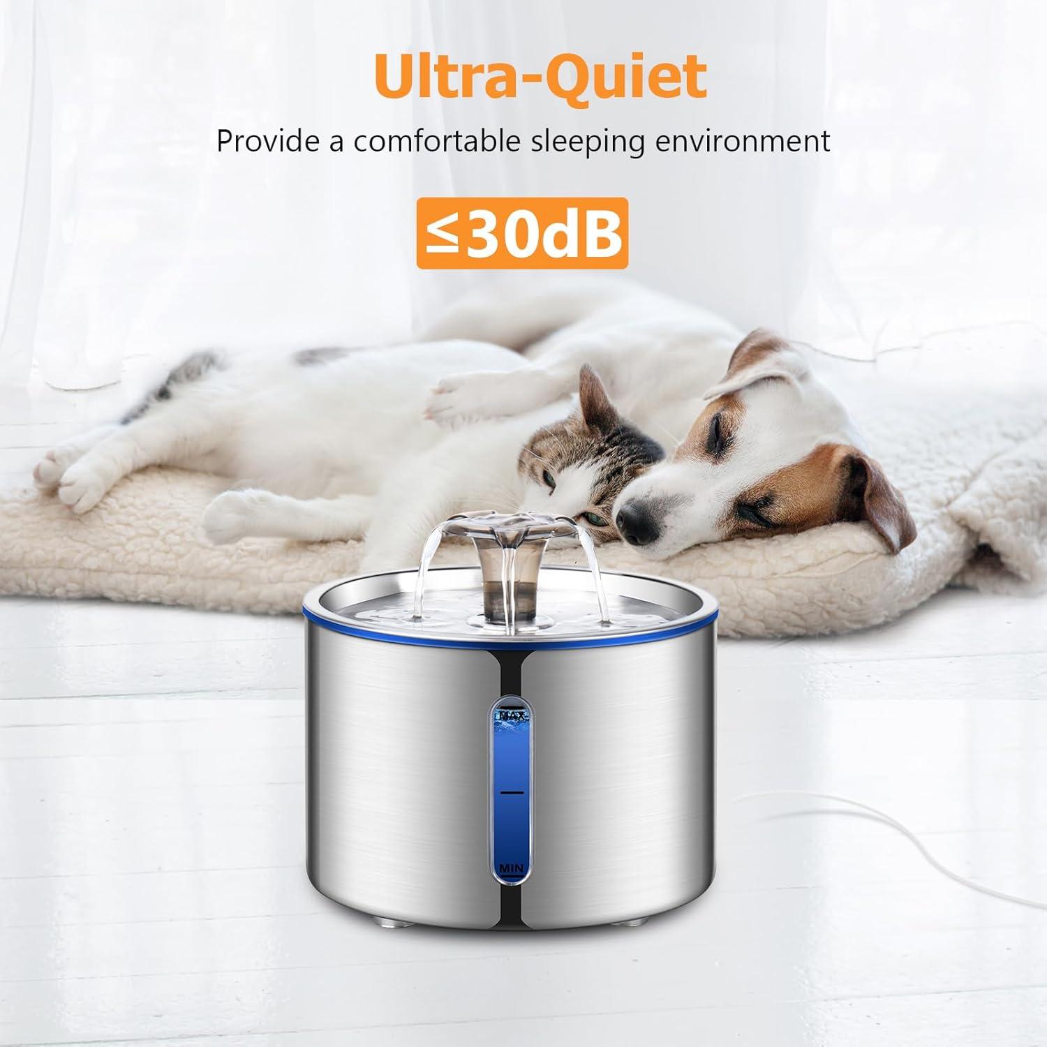 Cat Water Fountain, BOORCA 84oz/2.5L Stainless Steel Pet Water Fountain, Automatic Dog Water Dispenser with Water Level Window, Ultra-Quiet Pump, Perfect for Cats, Dogs and Multiple Pets C49