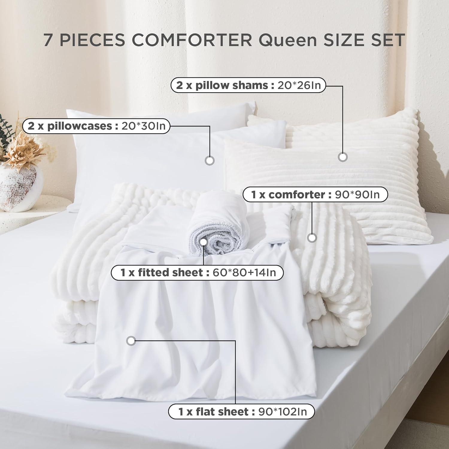 White Faux Fur Queen Comforter Set with Pillowcases