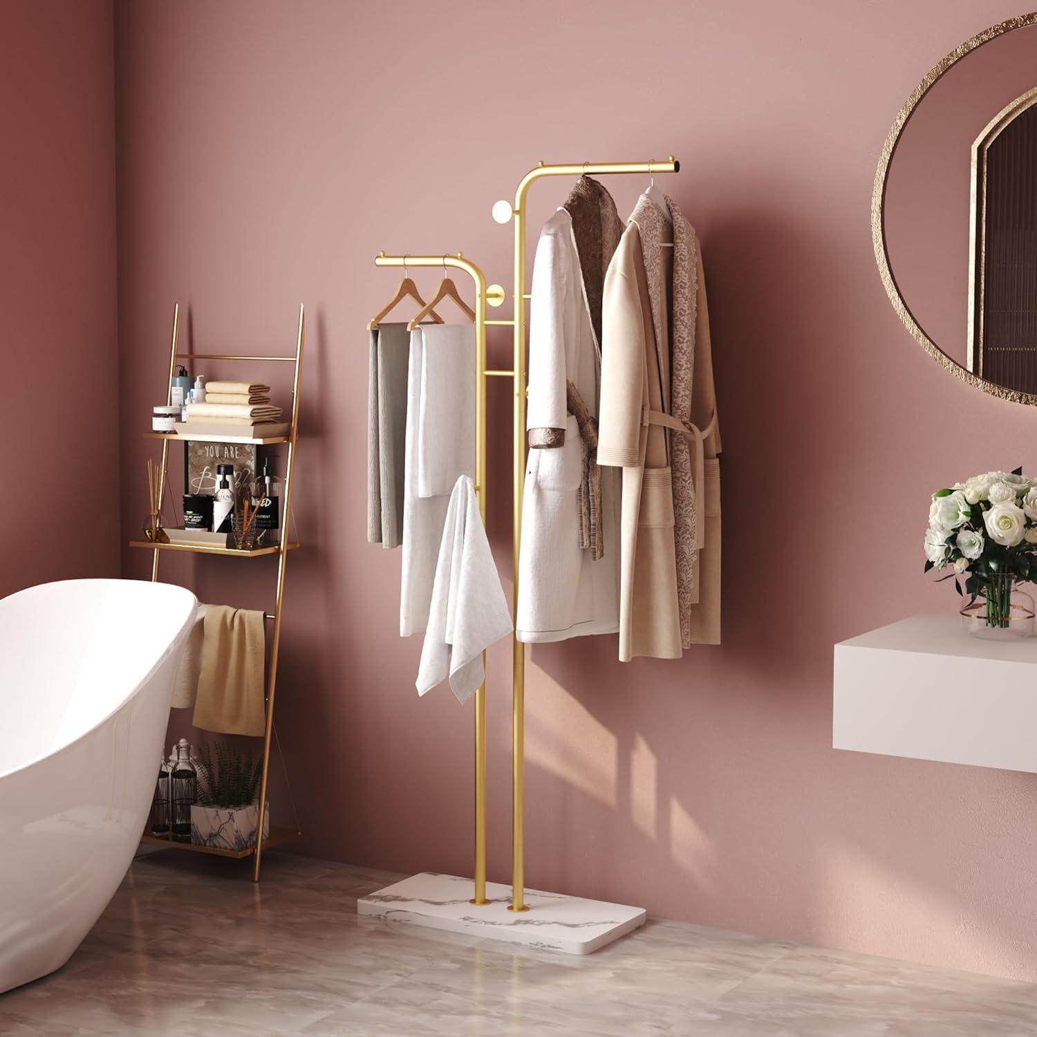 Gold Freestanding Metal Coat Rack with Marble Base and 5 Hooks