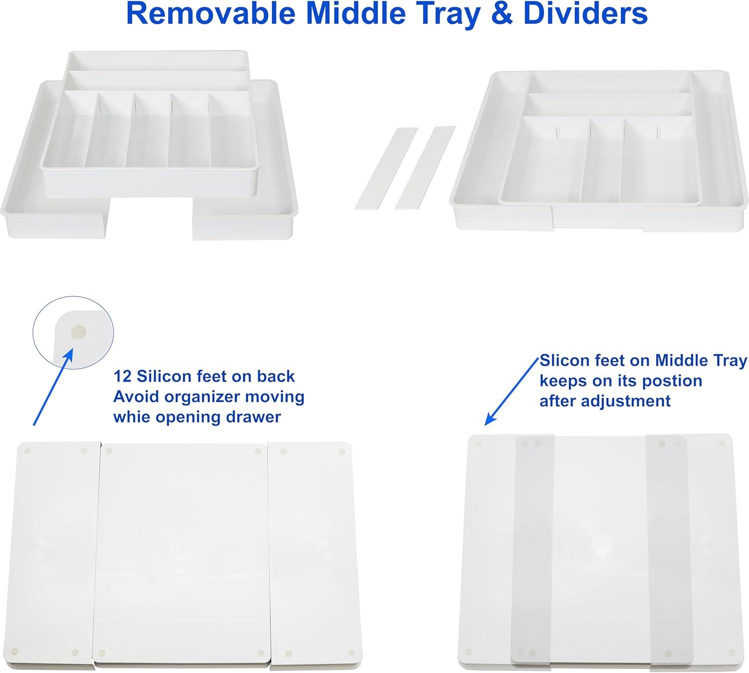 Simple Houseware Expandable Cutlery Drawer Tray and Flatware Utensil Organizers for Kitchen, White