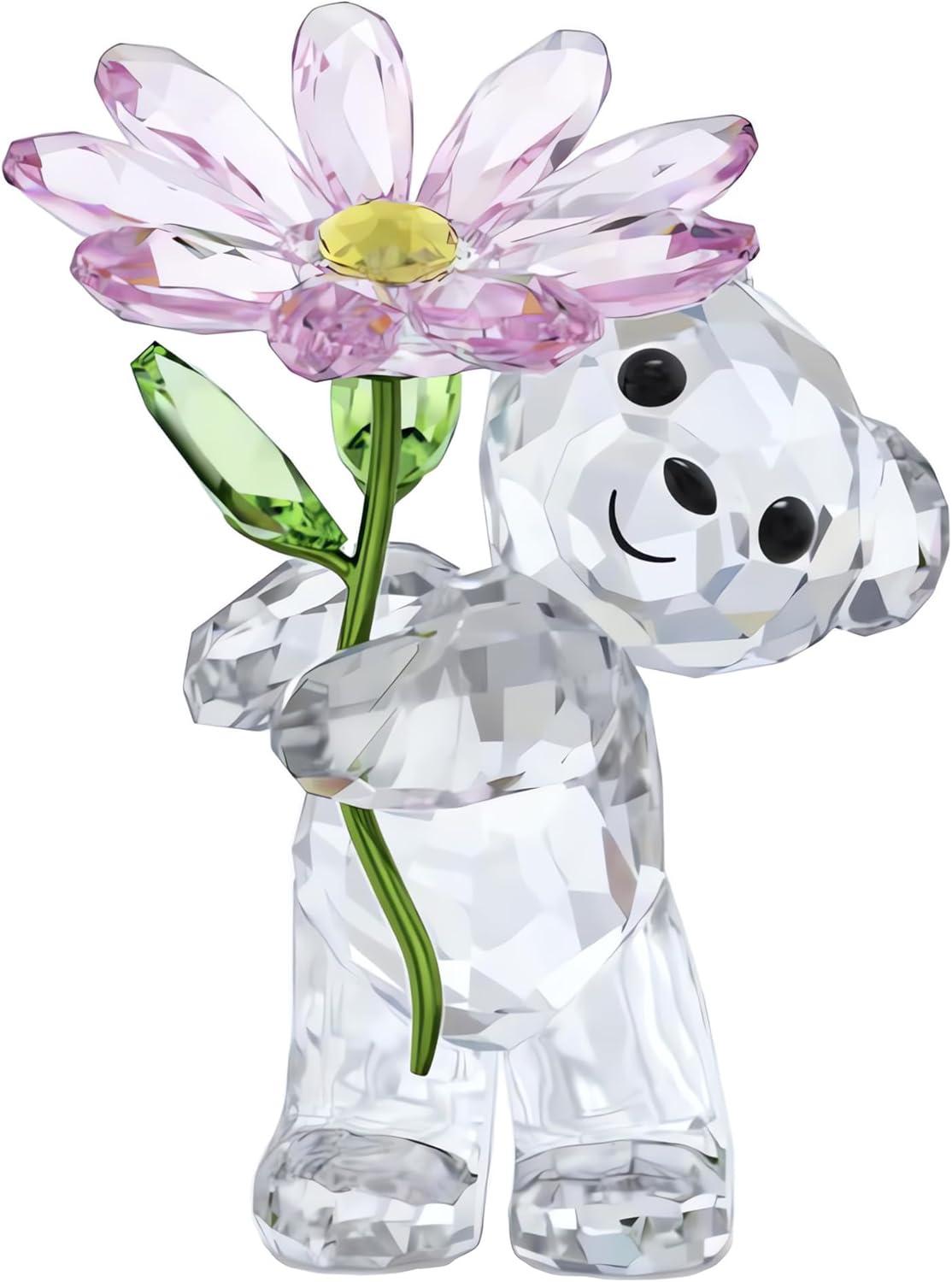 Crystal Bear Figurine with Pink Daisy Flower