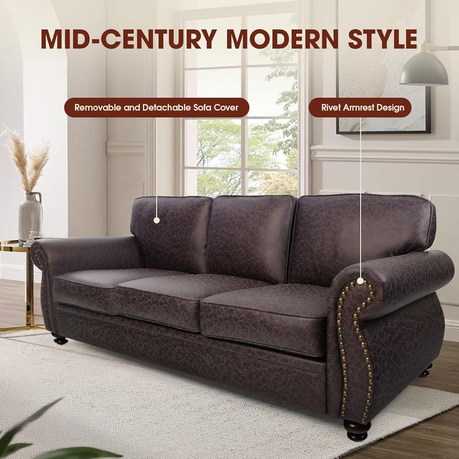 Stylish Vintage 3-Seat Sofa With Faux Leather, Nailhead Trim & Solid Wood Legs