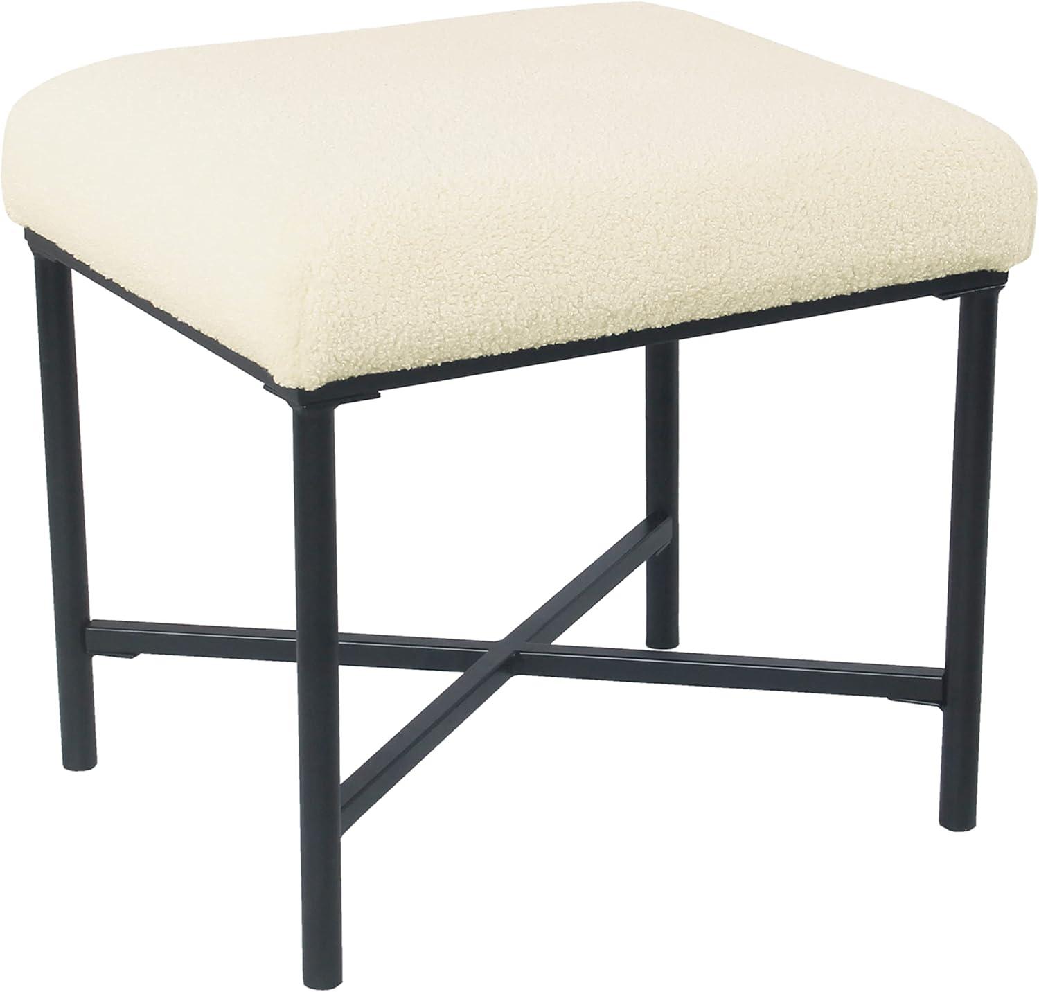 Square Metal Ottoman Cream Faux Sheepskin - HomePop: Matte Black Base, Living Room Seating