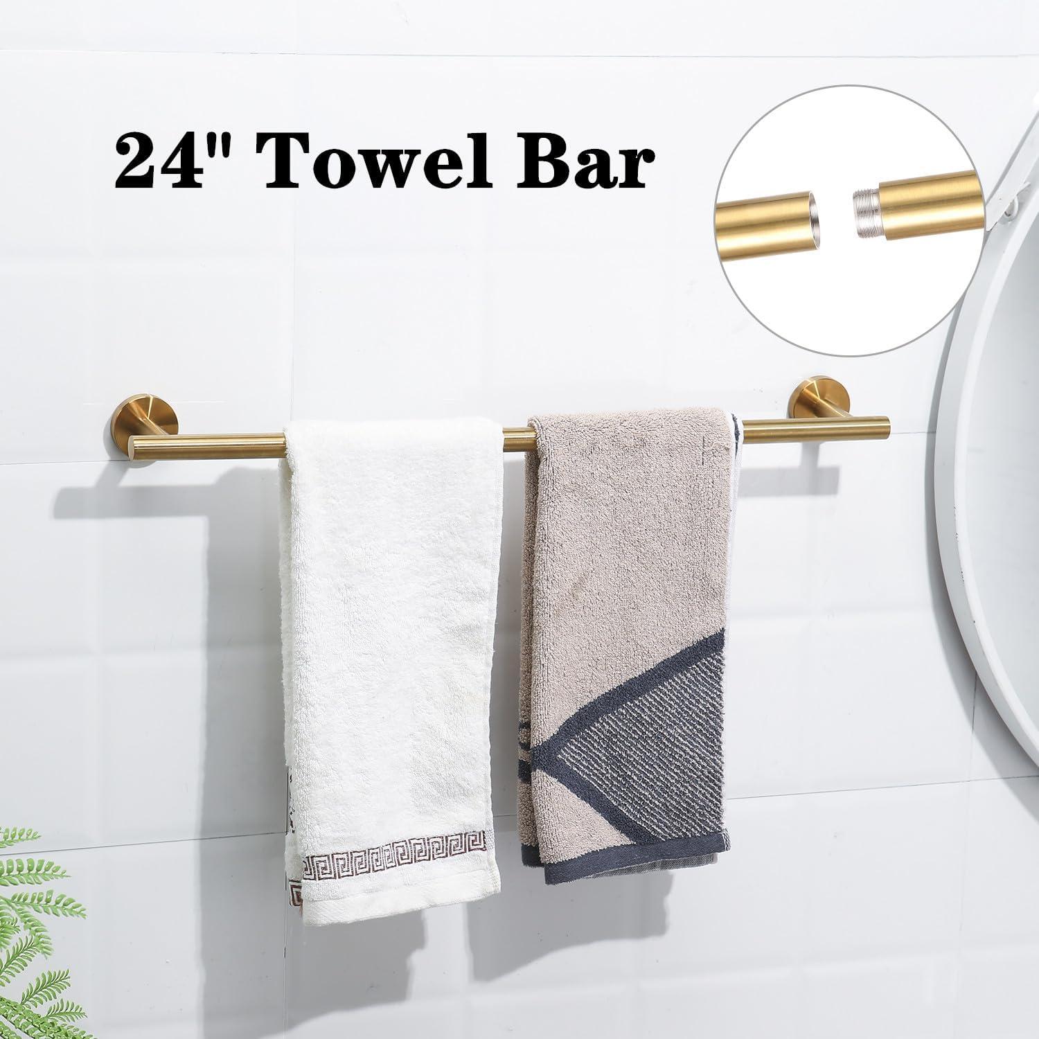 Brushed Gold Bathroom Hardware Set 5 Piece, SUS304 Stainless Steel Bath Towel Bar Set, 24 Inch Bathroom Accessories Kit Wall Mounted