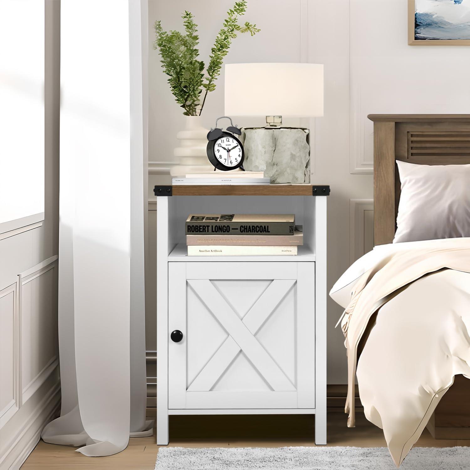 Wood Nightstands with Charging Station End Table Bedside Tables with Barn Door