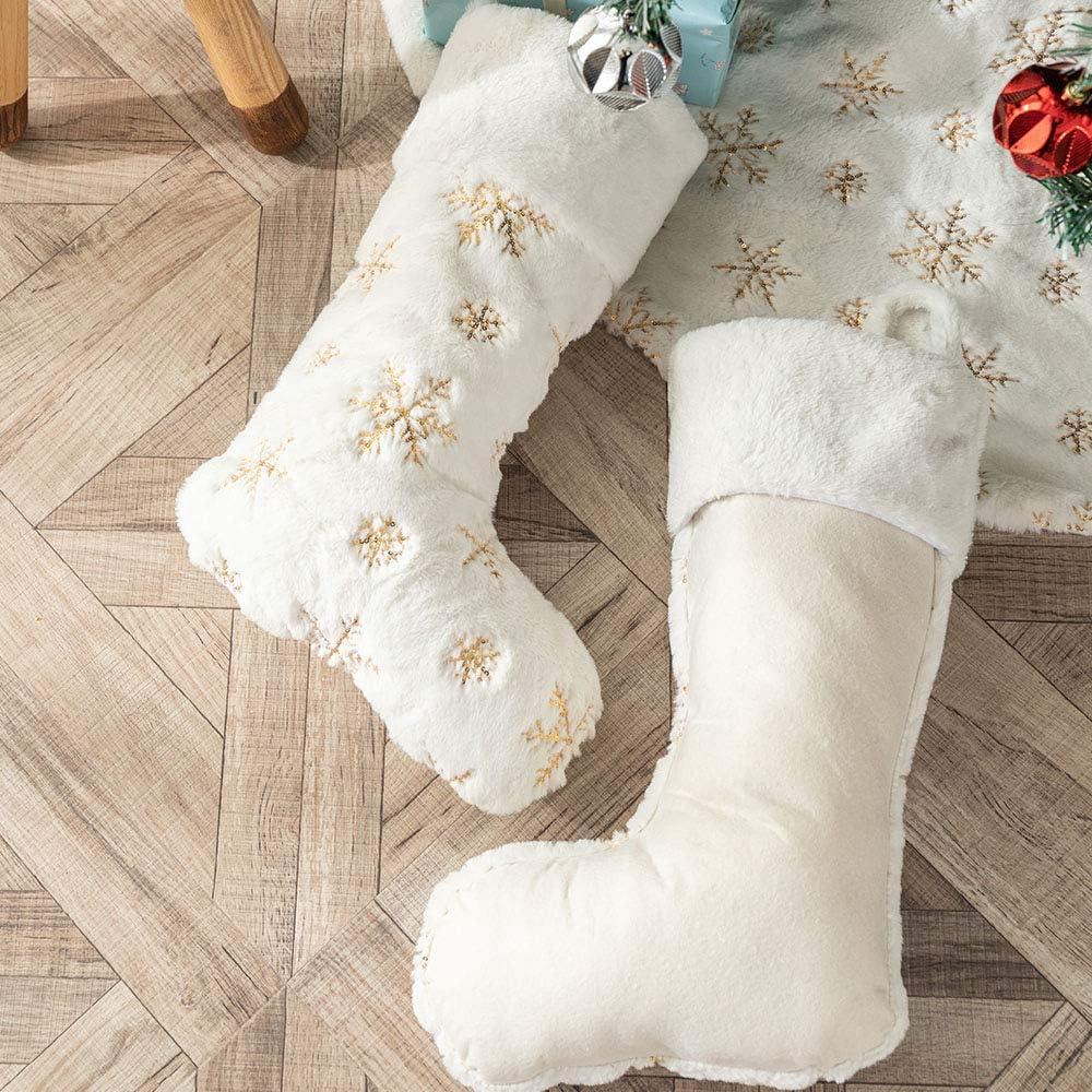 White Faux Fur Christmas Stockings with Gold Snowflakes, 22 Inches