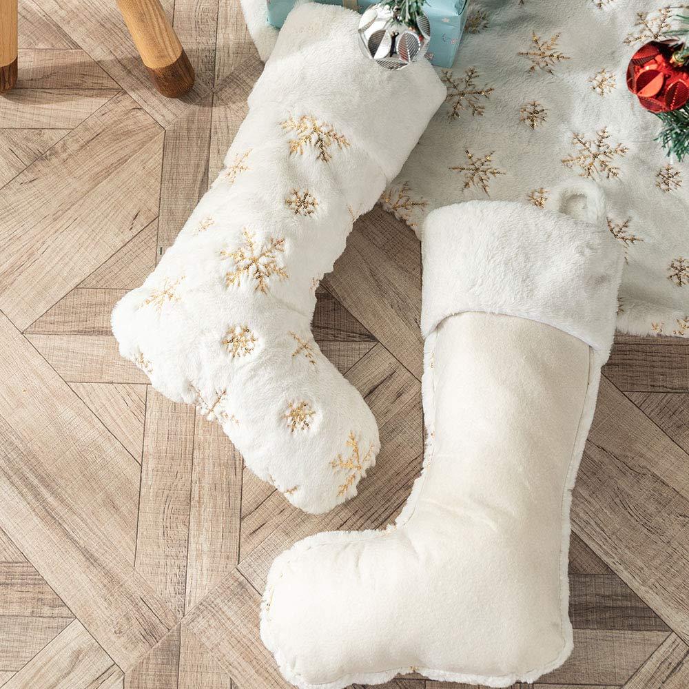 2PCS Plush Christmas Stockings White Faux Fur Large 56cm Deluxe Hanging Xmas Stockings with Silver Sequin Snowflake for Christmas Fireplace Decorations (White-S, 22inches)