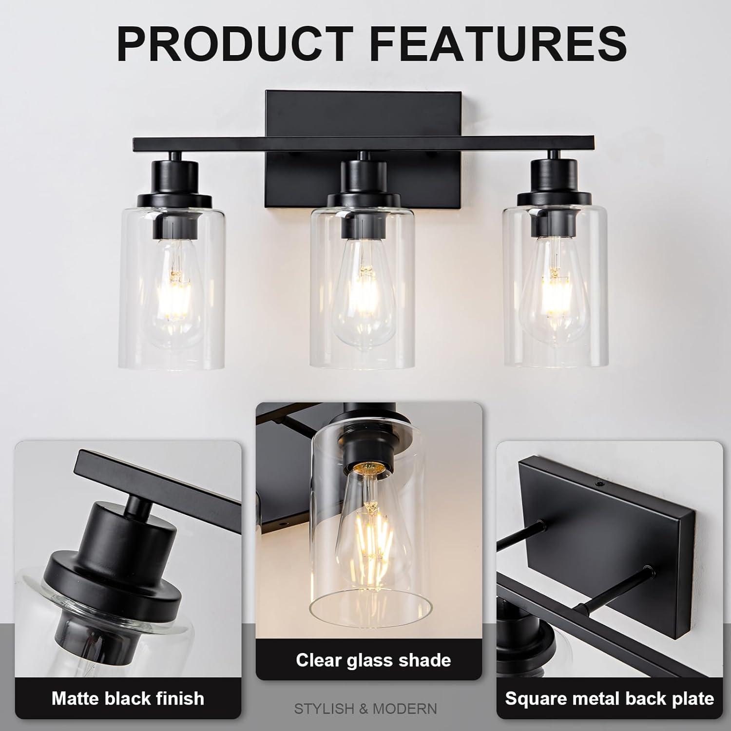 Modern Black Vanity Light with Clear Glass Shades