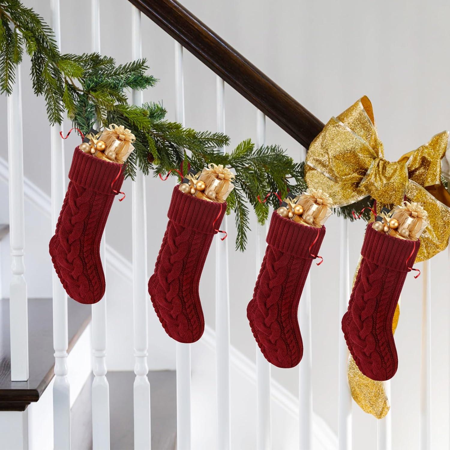 Christmas Stockings, 4 Pack Personalized Christmas Stocking 18 IN Large Cable Knitted Stocking Decorations for Family Holiday Xmas Party Decor, Red