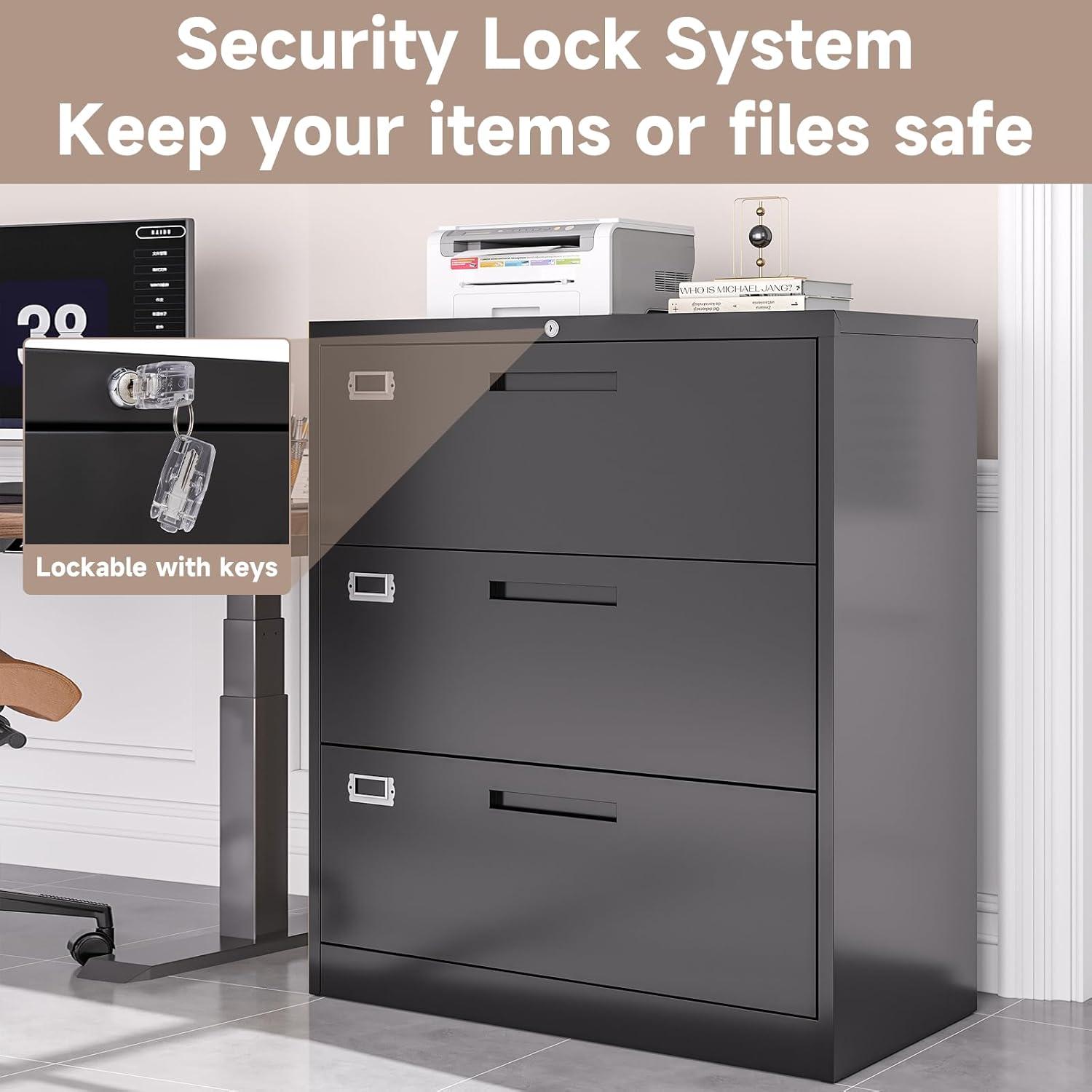 3 Drawer File Cabinet with Lock,Under Desk File Cabinet with Wheels,Black Rolling File Cabinet,Three Drawer Metal Filing Cabinet for Home Office,Fit A4/Letter/Legal File,Fully Assembled Except Casters