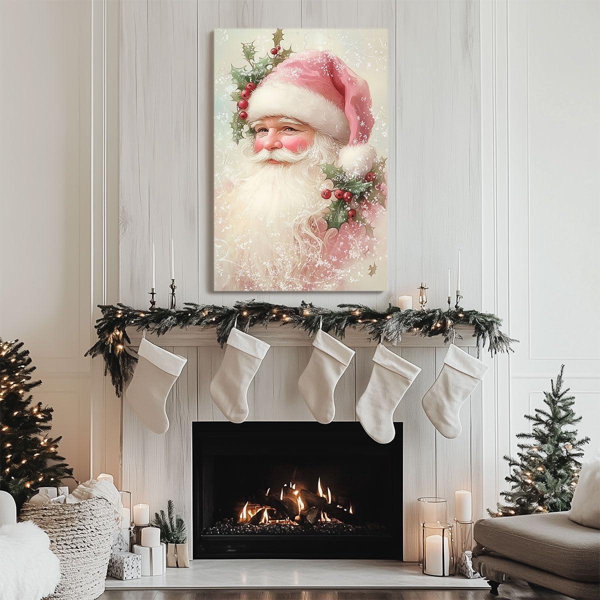 Reccmeny Vintage Christmas Canvas Wall Art, Santa Claus Pictures for Wall Decor, Xmas Poster Santa white Wooden Texture Picture, Holiday Wall Decorations Gifts