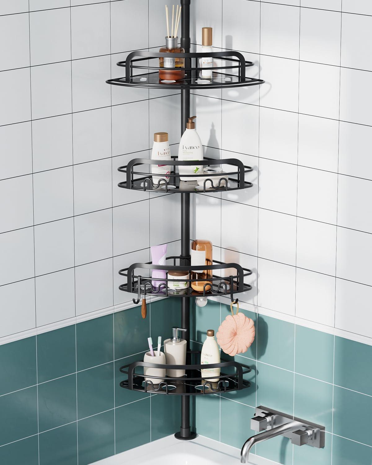 Black Stainless Steel 4-Tier Tension Mount Shower Caddy