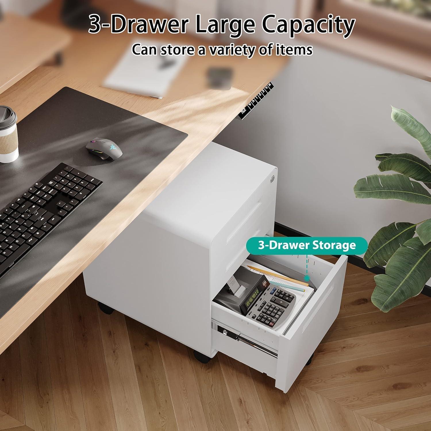 3 Drawer File Cabinet with Lock,Under Desk File Cabinet,White Rolling File Cabinet,Three Drawer Filing Cabinet for Home Office with Wheels,Fit A4/Letter/Legal File,Fully Assembled Except Casters