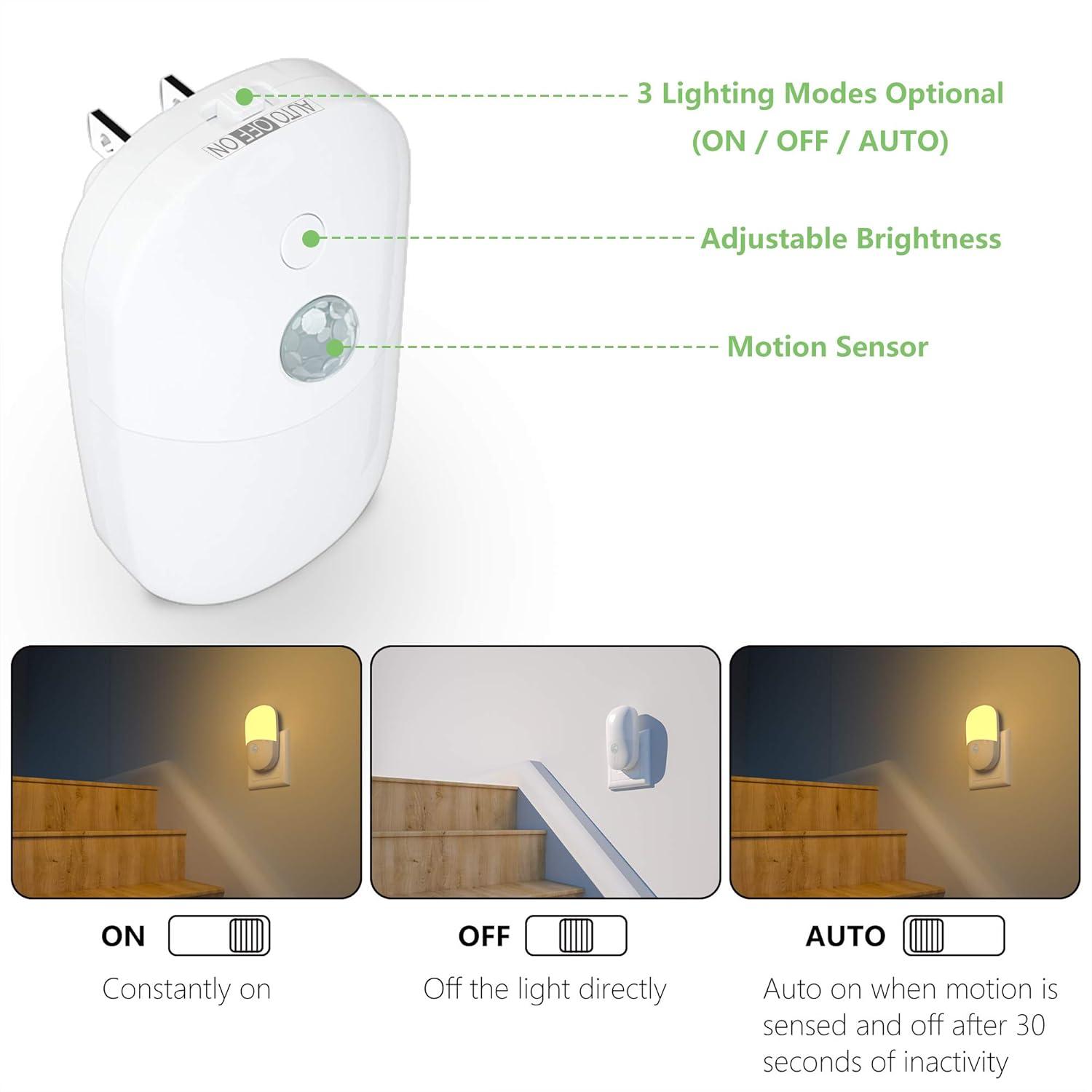 MAZ-TEK Plug in Motion Sensor Dimmable Night Light, Soft Warm White LED Nightlight with Dusk to Dawn Motion Sensor, Adjustable Brightness for Bedroom, Bathroom, Kitchen, Hallway, Stairs,2 Pa