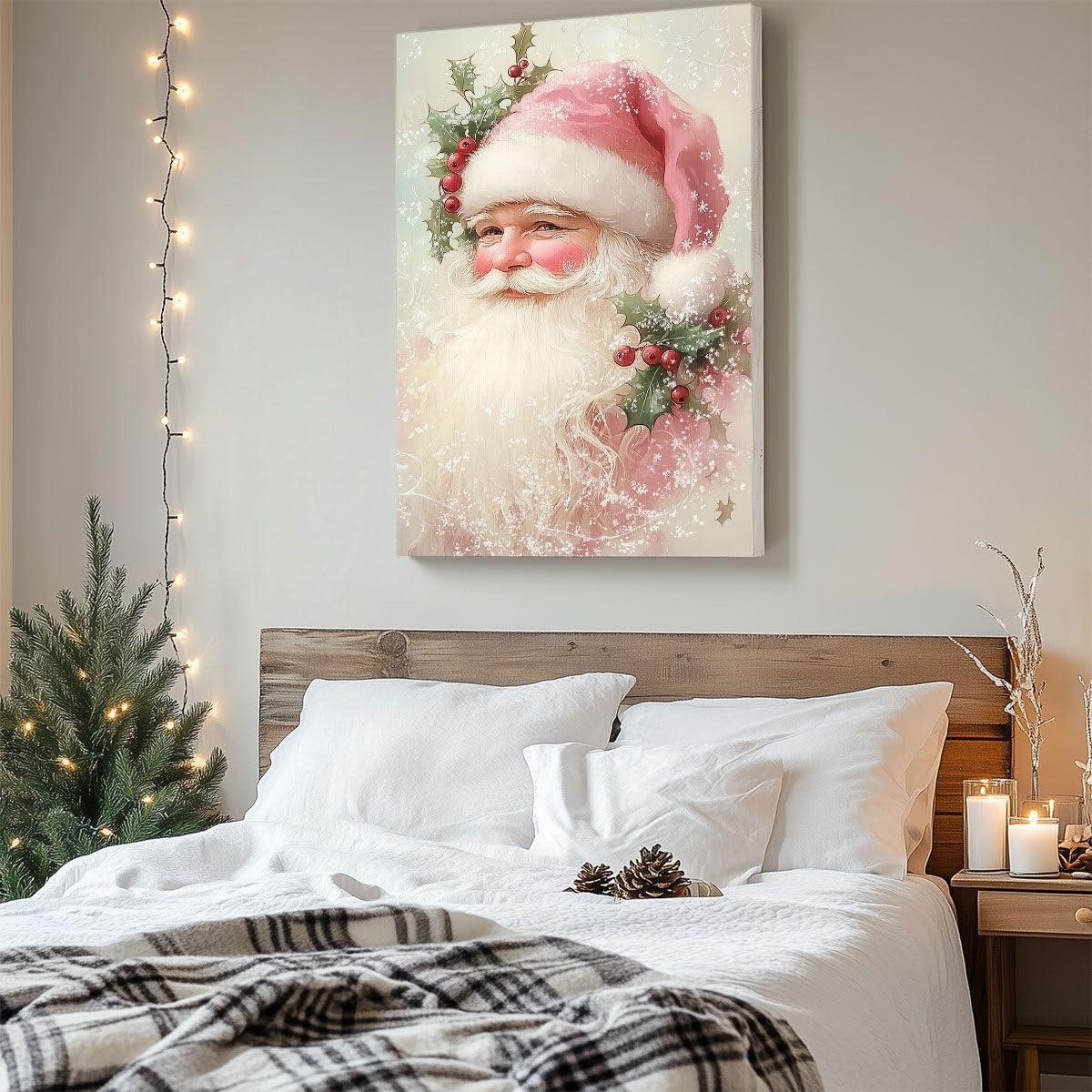 Reccmeny Vintage Christmas Canvas Wall Art, Santa Claus Pictures for Wall Decor, Xmas Poster Santa white Wooden Texture Picture, Holiday Wall Decorations Gifts