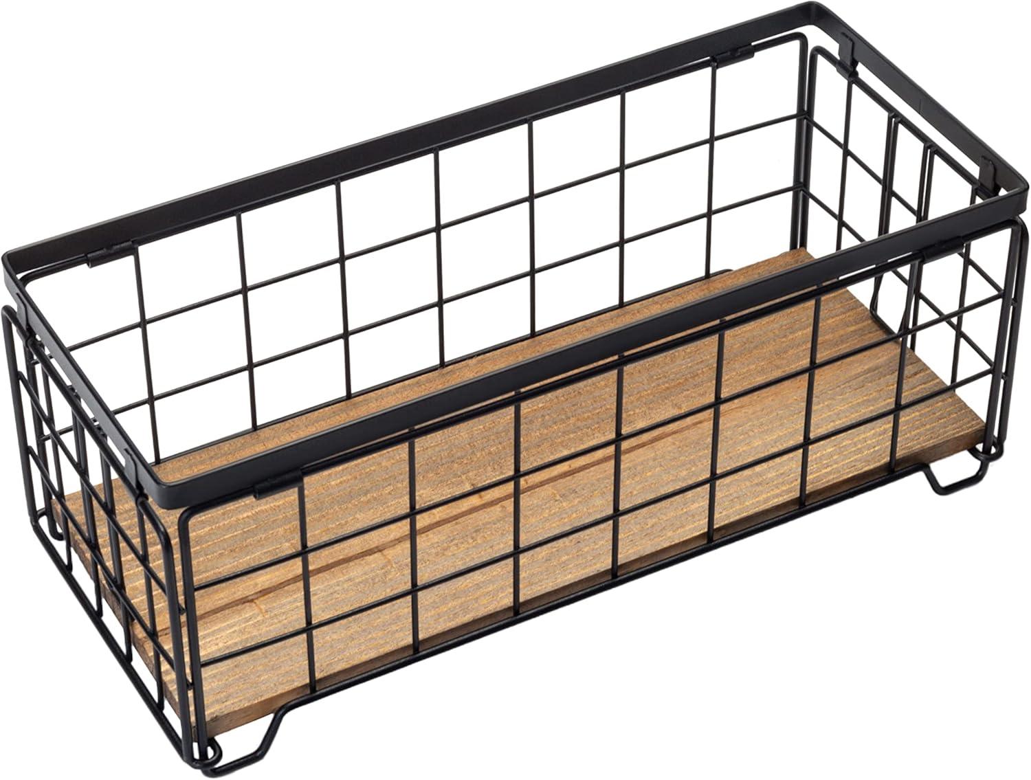 Black Metal Wire Storage Basket with Wood Base