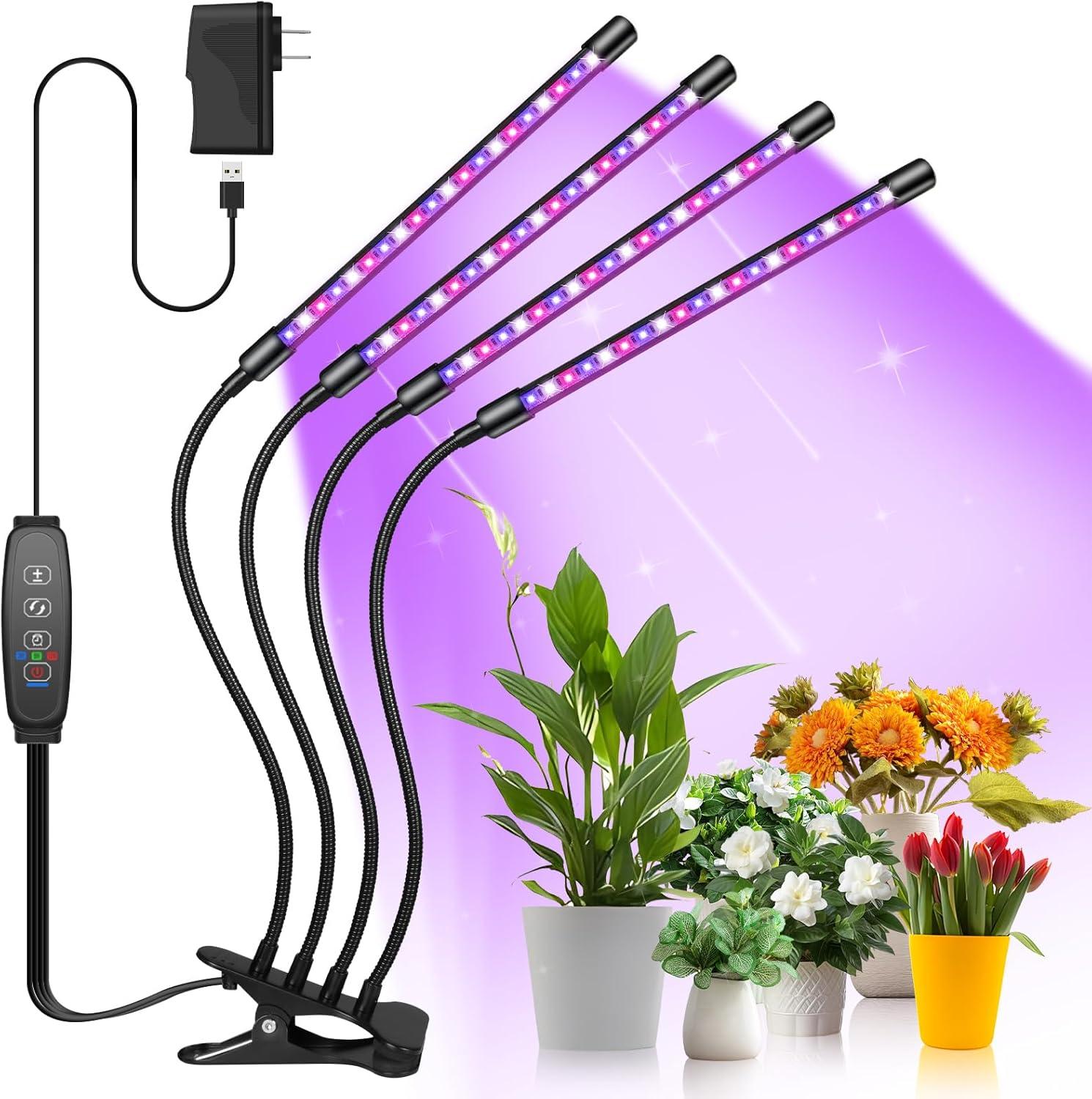 Shyineyou Grow Lights for Indoor Plants Full Spectrum, 80 LEDs Plant Light for Indoor Plants with 3/9/12H Timer, 4 Heads Clip On Plant Grow Light with 3 Modes, 20%-100%