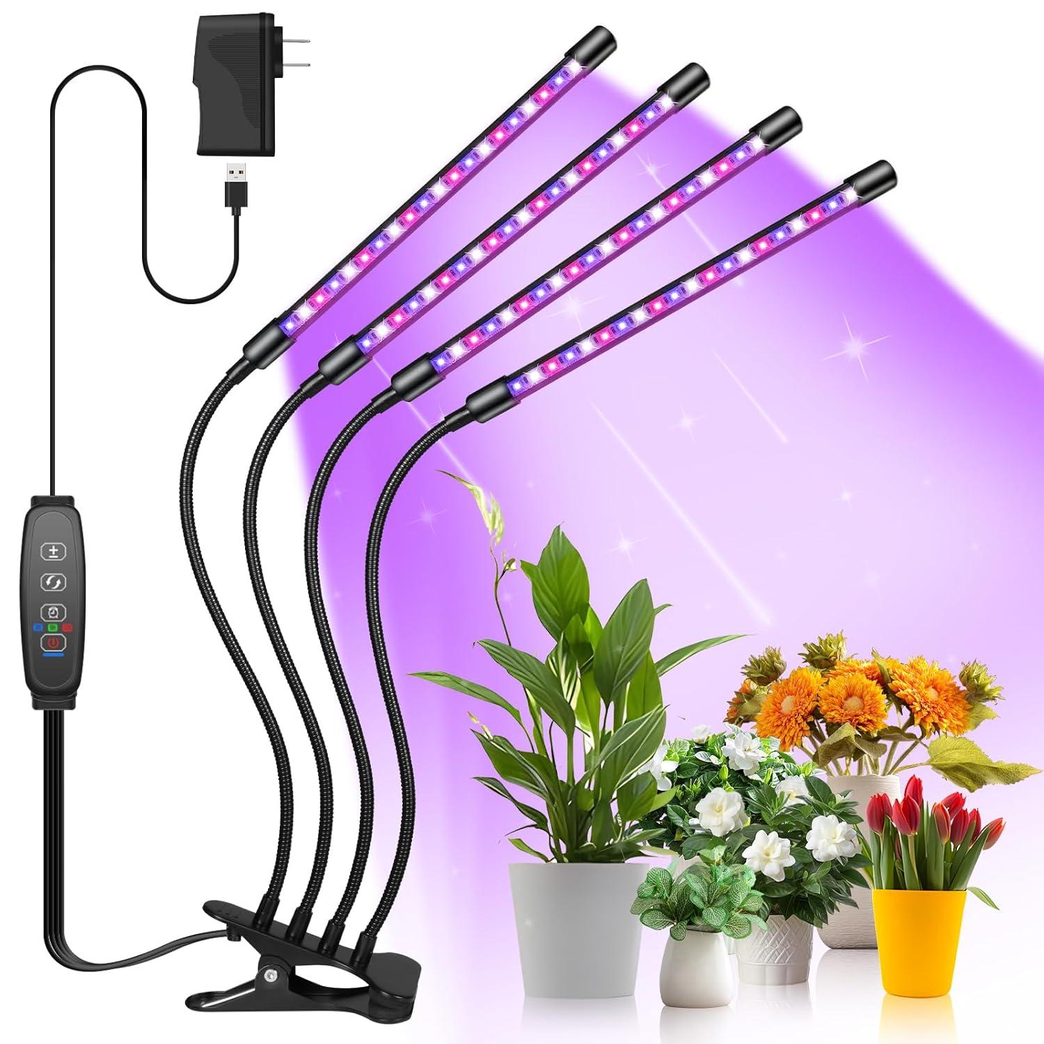 Shyineyou Grow Lights for Indoor Plants Full Spectrum, 80 LEDs Plant Light for Indoor Plants with 3/9/12H Timer, 4 Heads Clip On Plant Grow Light with 3 Modes, 20%-100%