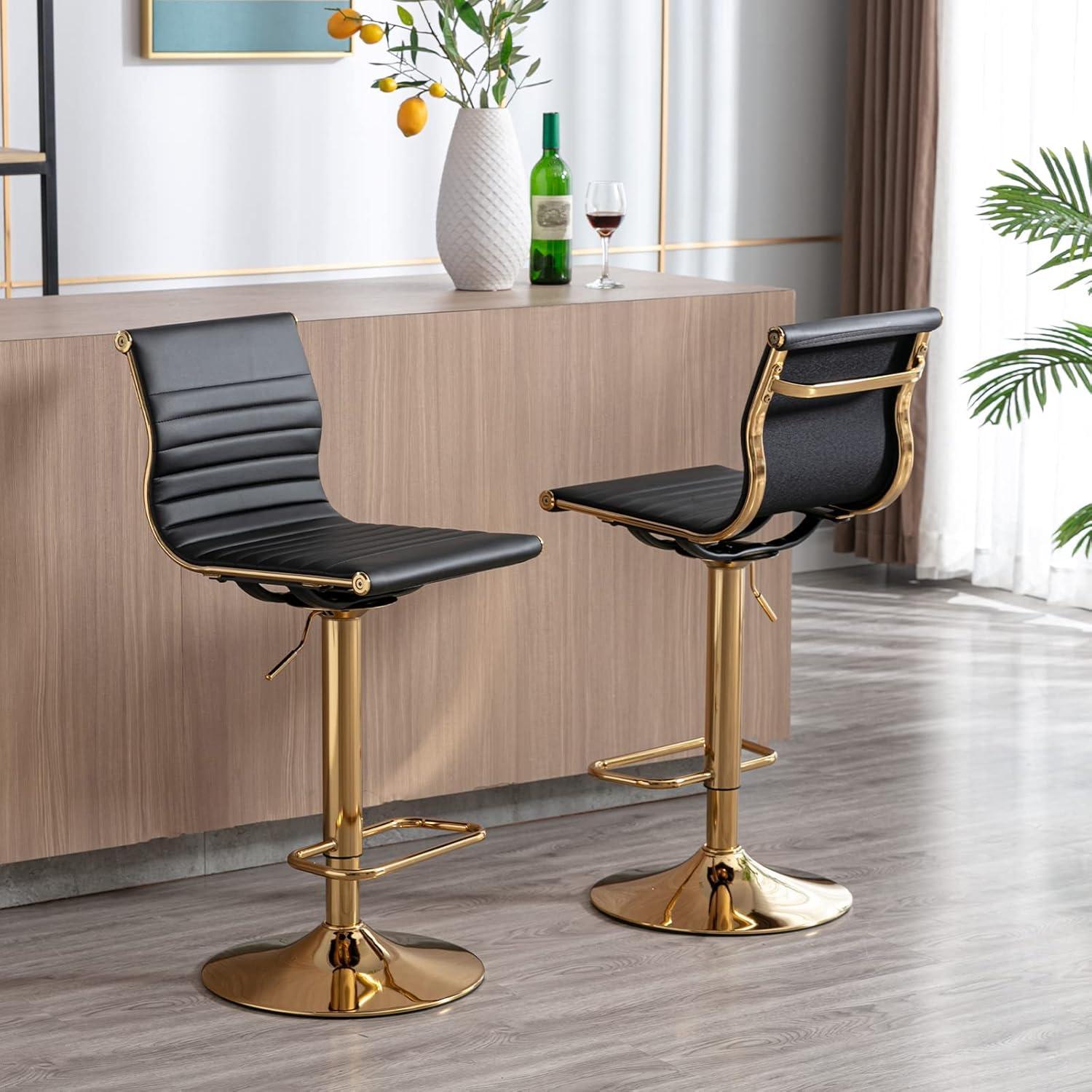 Flash Furniture Modern Black Vinyl Adjustable Bar Stool with Back, Counter Height Swivel Stool with Gold Pedestal Base, Set of 2