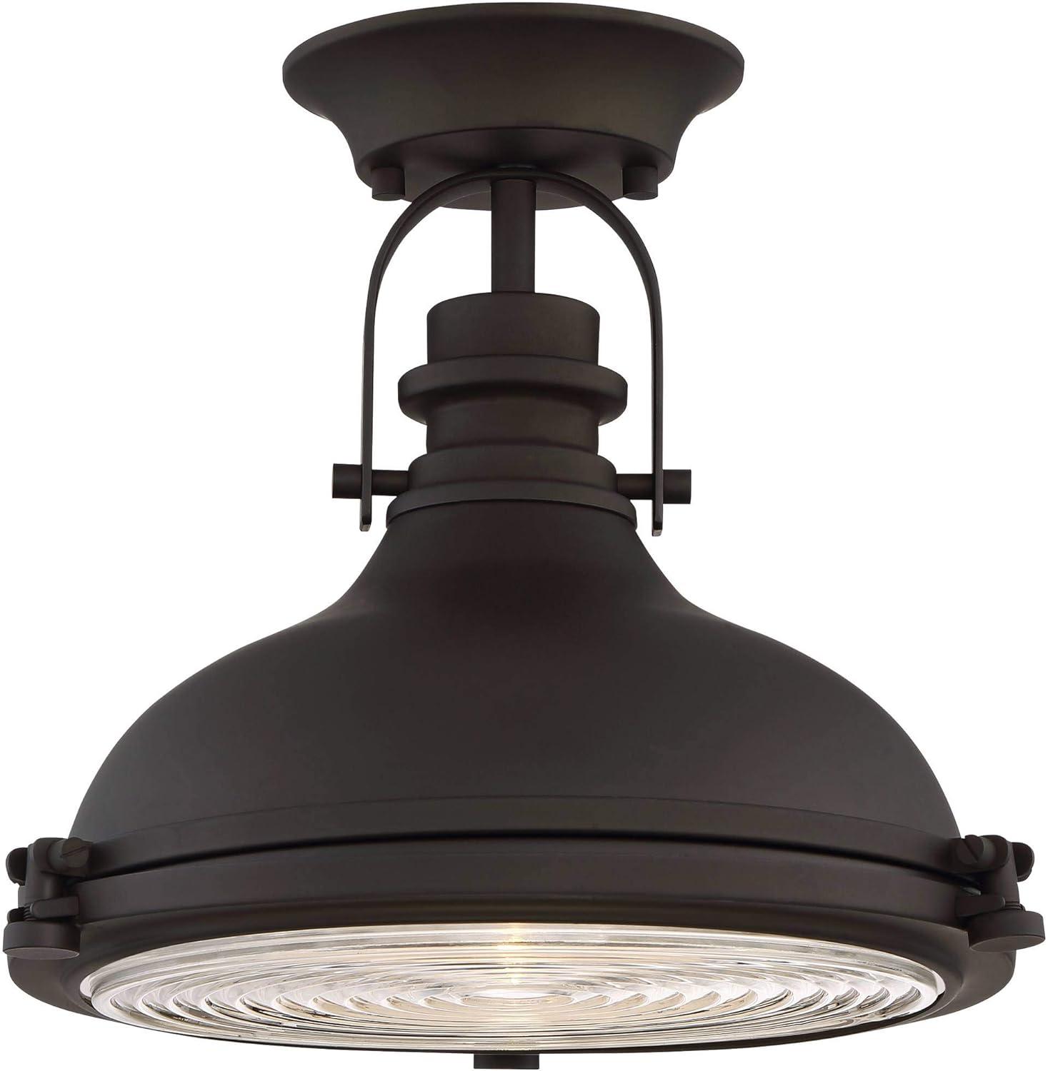 Bronze Dome 14" Industrial Semi-Flush Mount with Clear Ribbed Glass