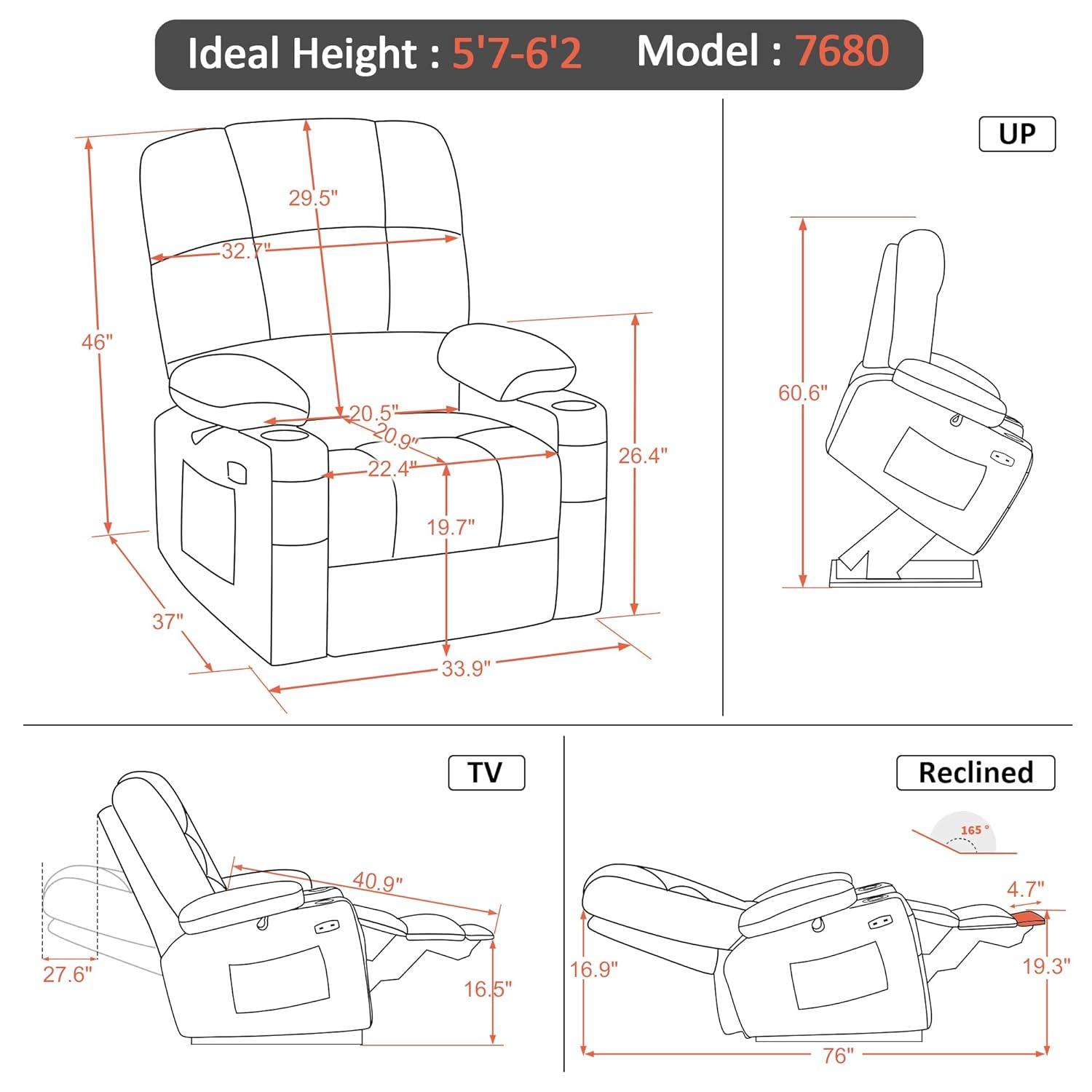 MCombo Dual Motor Large Power Lift Recliner Chair with Massage and Heat for Elderly Big and Tall People, Infinite Position, Extended Footrest, Faux Leather 7680 (Black, Large)