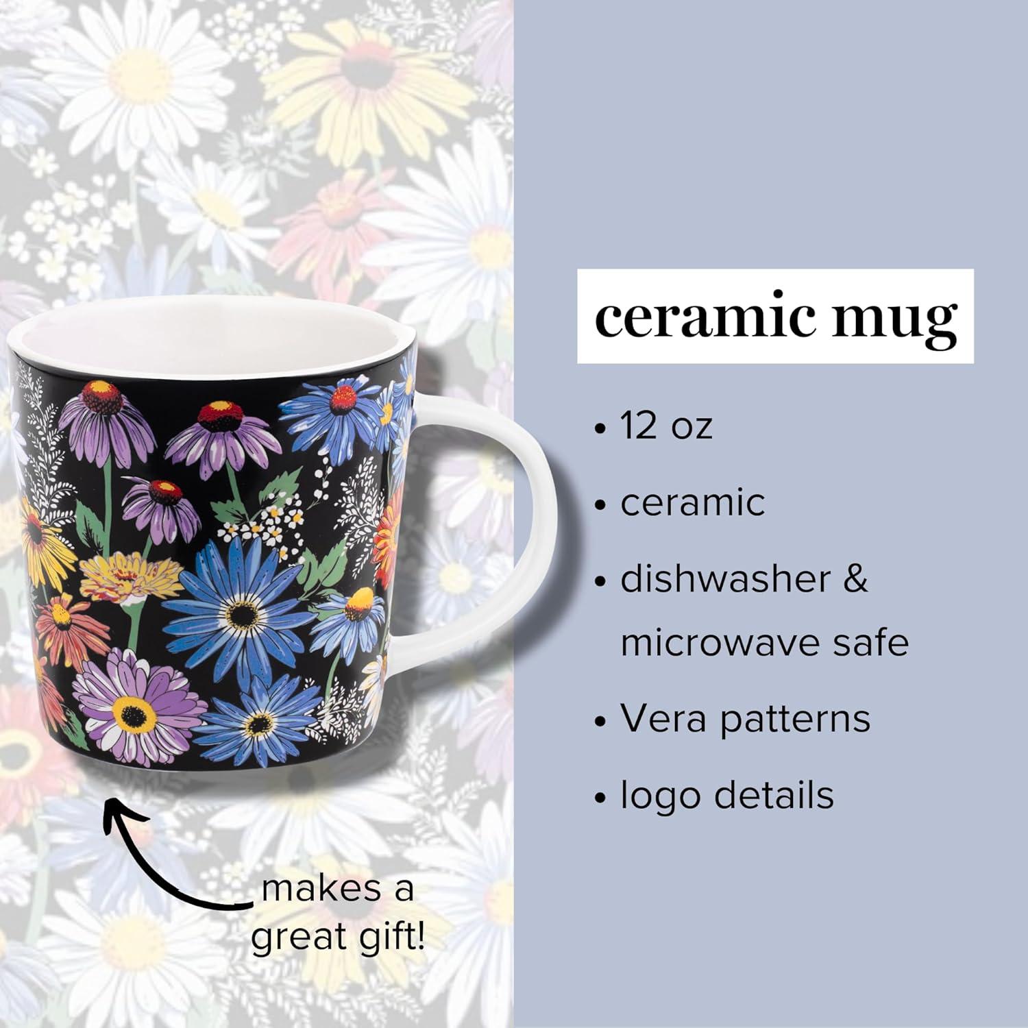 Floral Black Ceramic Mug with White Interior, 12 Ounces