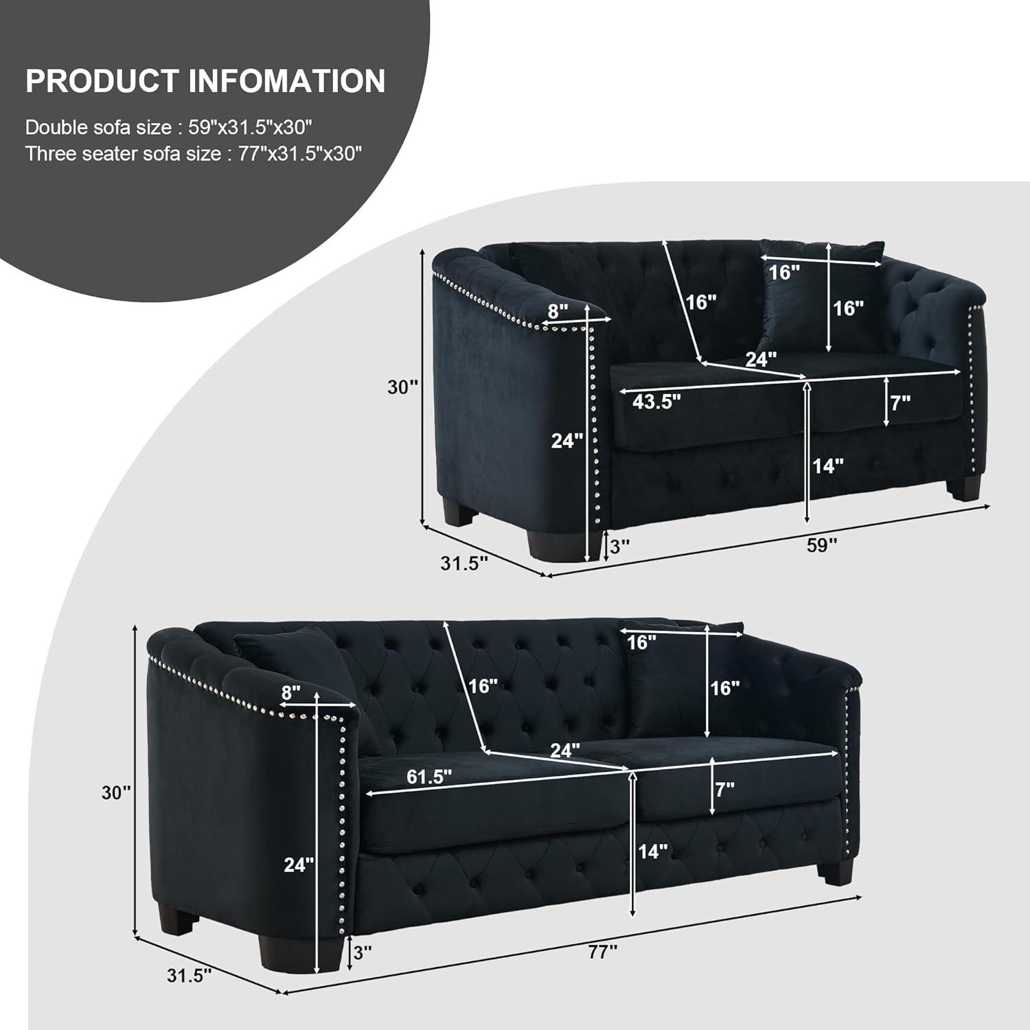 House of Hampton® House of Hampton® 2 Piece Chesterfield Sofa Set, Upholstered 77" Velvet 3 Seater Sofa + 59" Velvet Loveseat