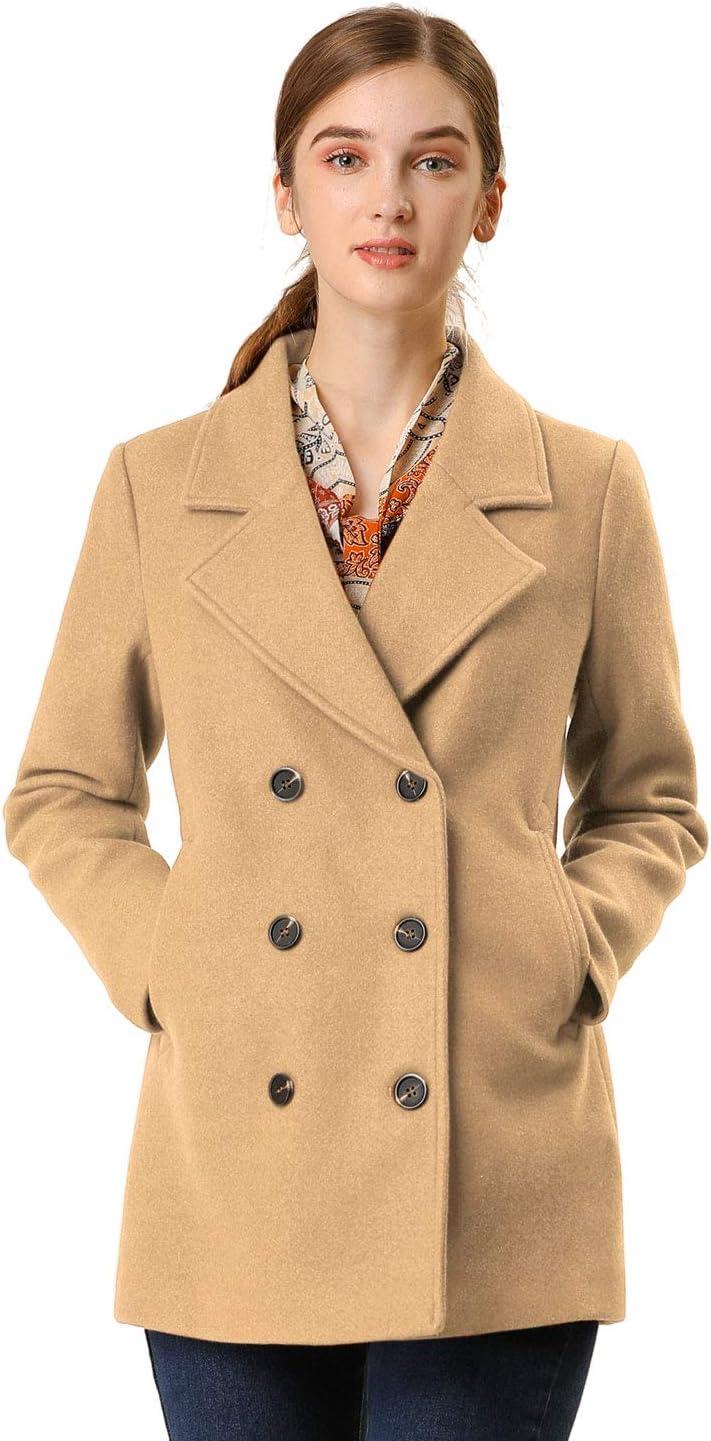 Allegra K Women's Long Sleeves Double Breasted Button Winter Outerwear Pea Coat Camel X-Large