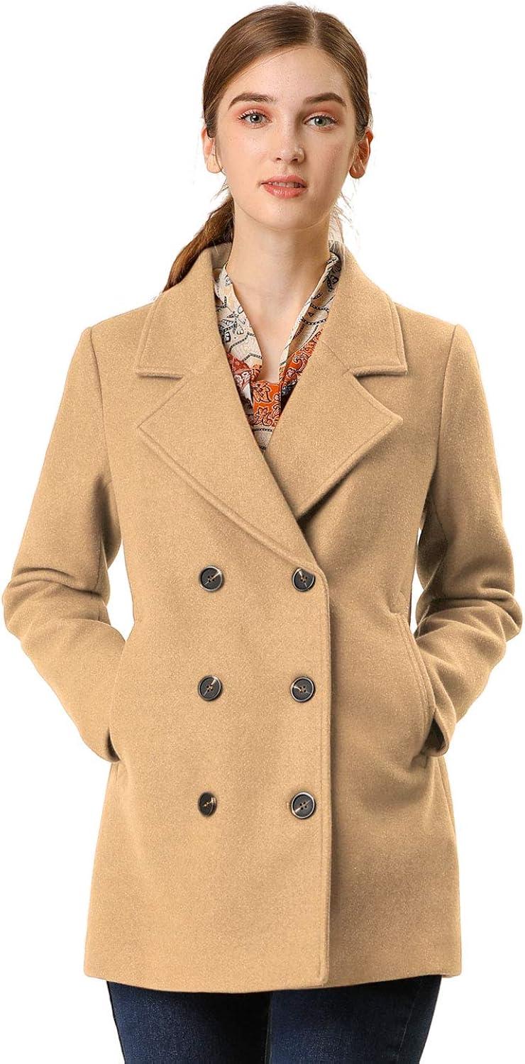 Allegra K Women's Long Sleeves Double Breasted Button Winter Outerwear Pea Coat Camel X-Large