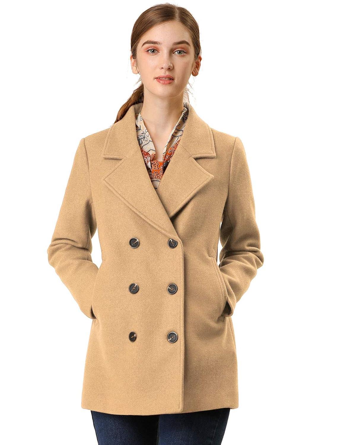 Allegra K Women's Long Sleeves Double Breasted Button Winter Outerwear Pea Coat Camel X-Large