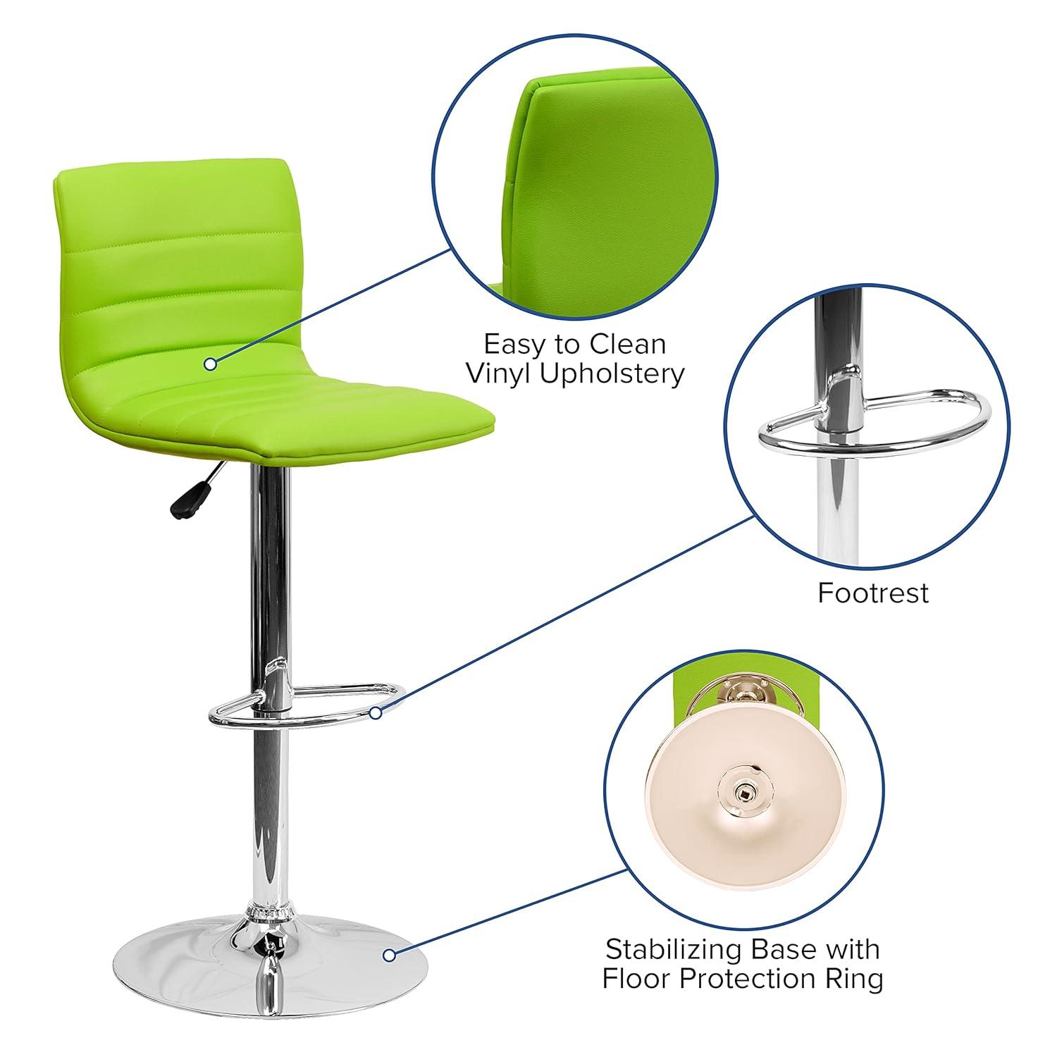 Flash Furniture Modern Green Vinyl Adjustable Bar Stool with Back, Counter Height Swivel Stool with Chrome Pedestal Base