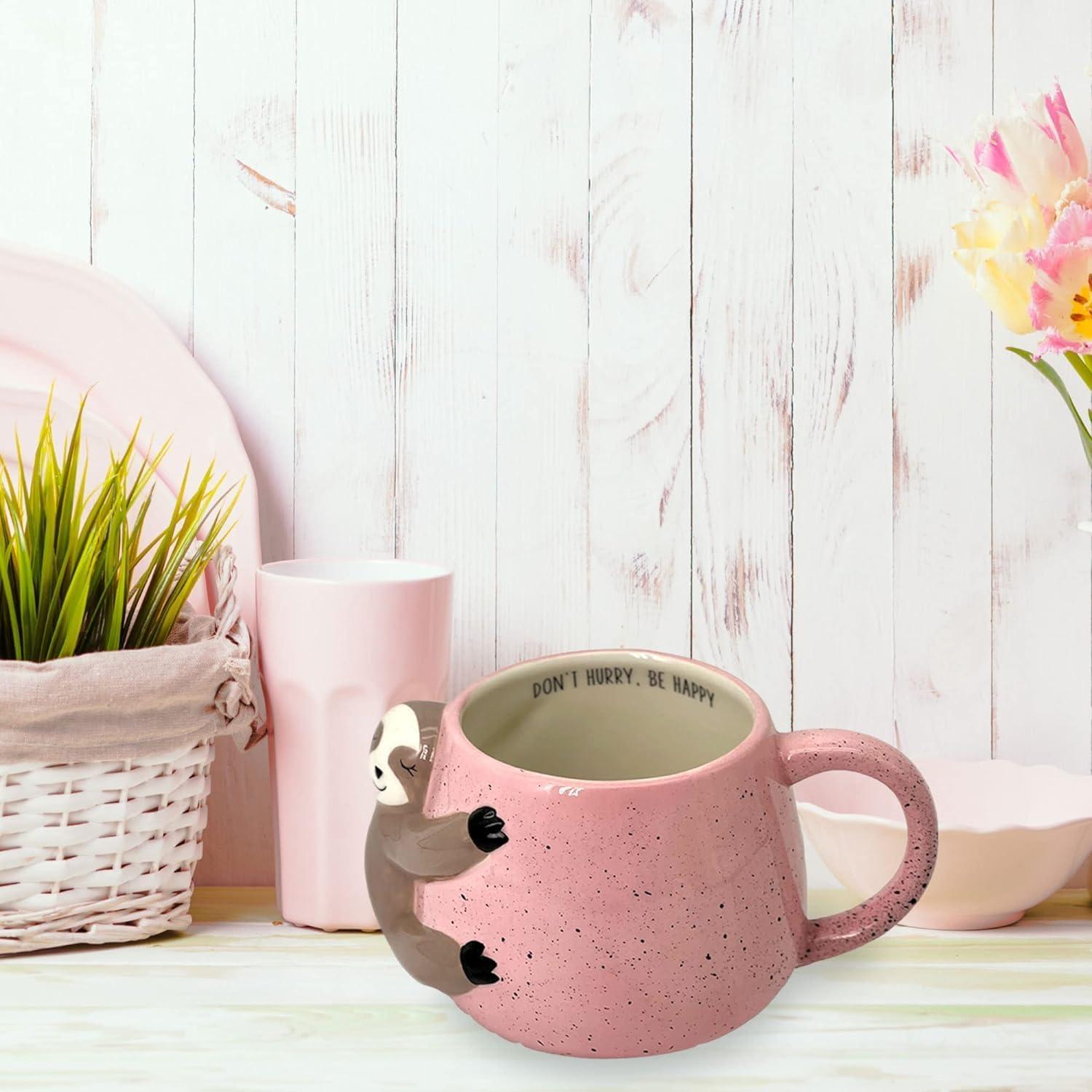 Pink Ceramic Sloth Shaped Coffee Mug with Printed Saying