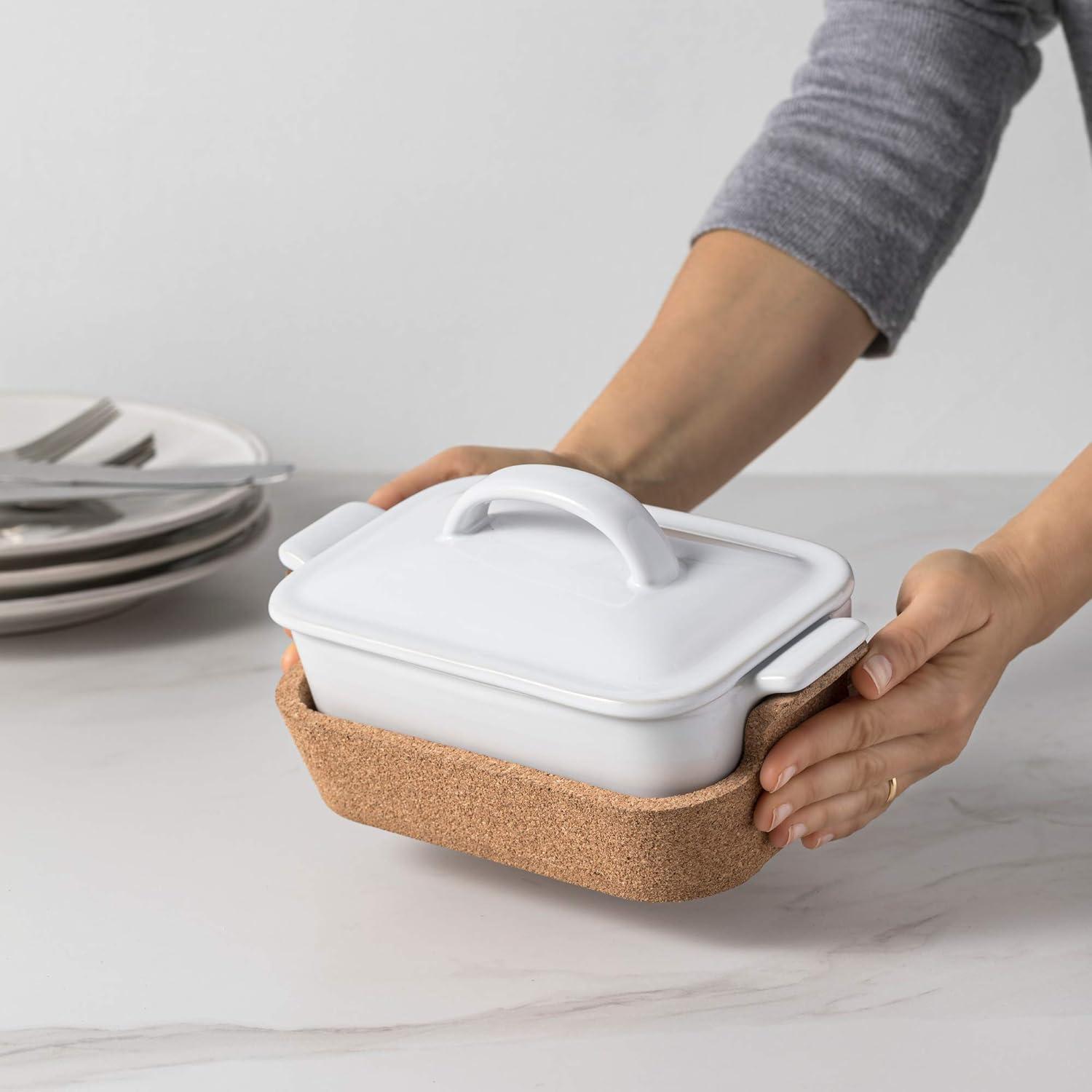 White Stoneware Rectangular Casserole with Cork Tray