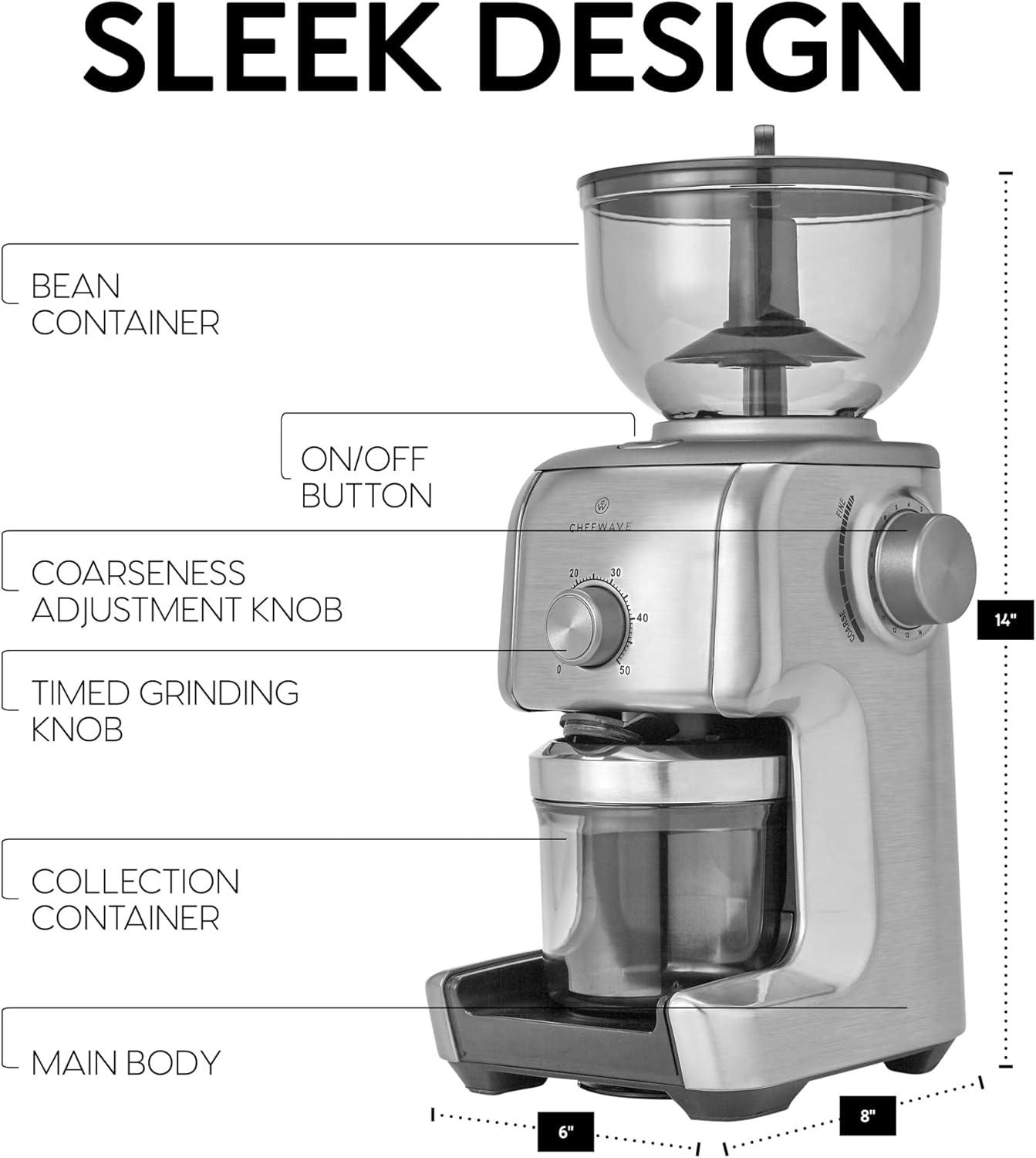 ChefWave Bonne Conical Burr Coffee Grinder w/ 16 Grind Settings, Stainless Steel